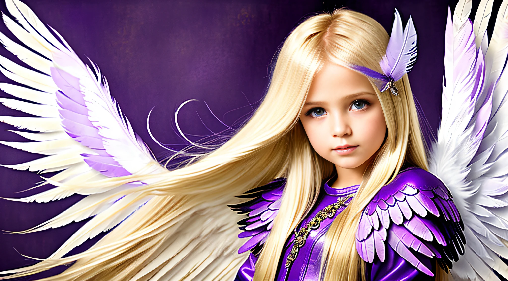 blonde girl with long hair and purple wings, girl with angel wings, girl with feathers, of a beautiful angel girl, angel girl, angel girl, cute portrait angel girl, purple leather wings, purple feathers, angel face, young harpy-girl, an angel, feather wings, wearing angel, angelic photography, feathered wings, fallen angel