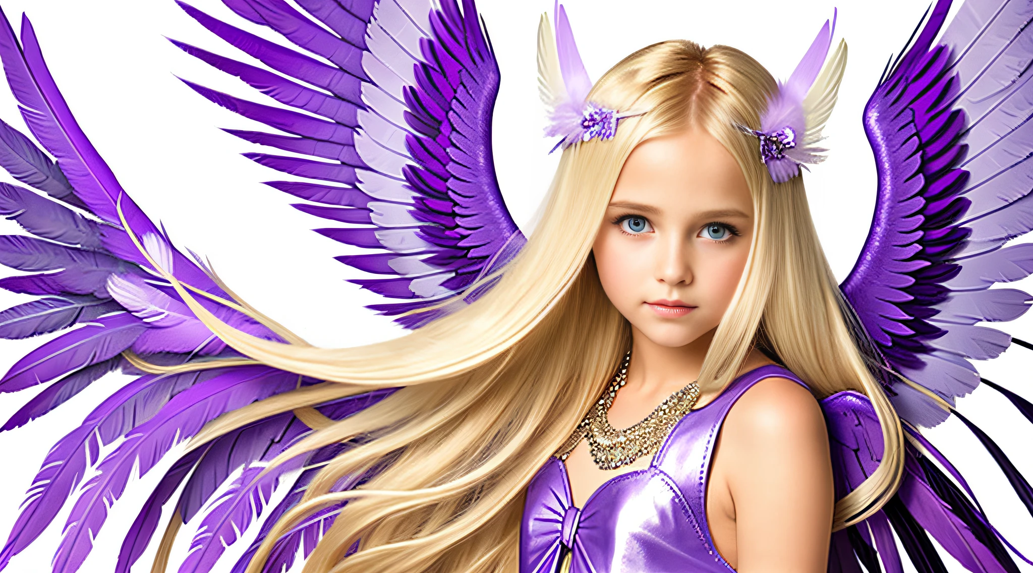 blonde girl with long hair and purple wings, girl with angel wings, girl with feathers, of a beautiful angel girl, angel girl, angel girl, cute portrait angel girl, purple leather wings, purple feathers, angel face, young harpy-girl, an angel, feather wings, wearing angel, angelic photography, feathered wings, fallen angel
