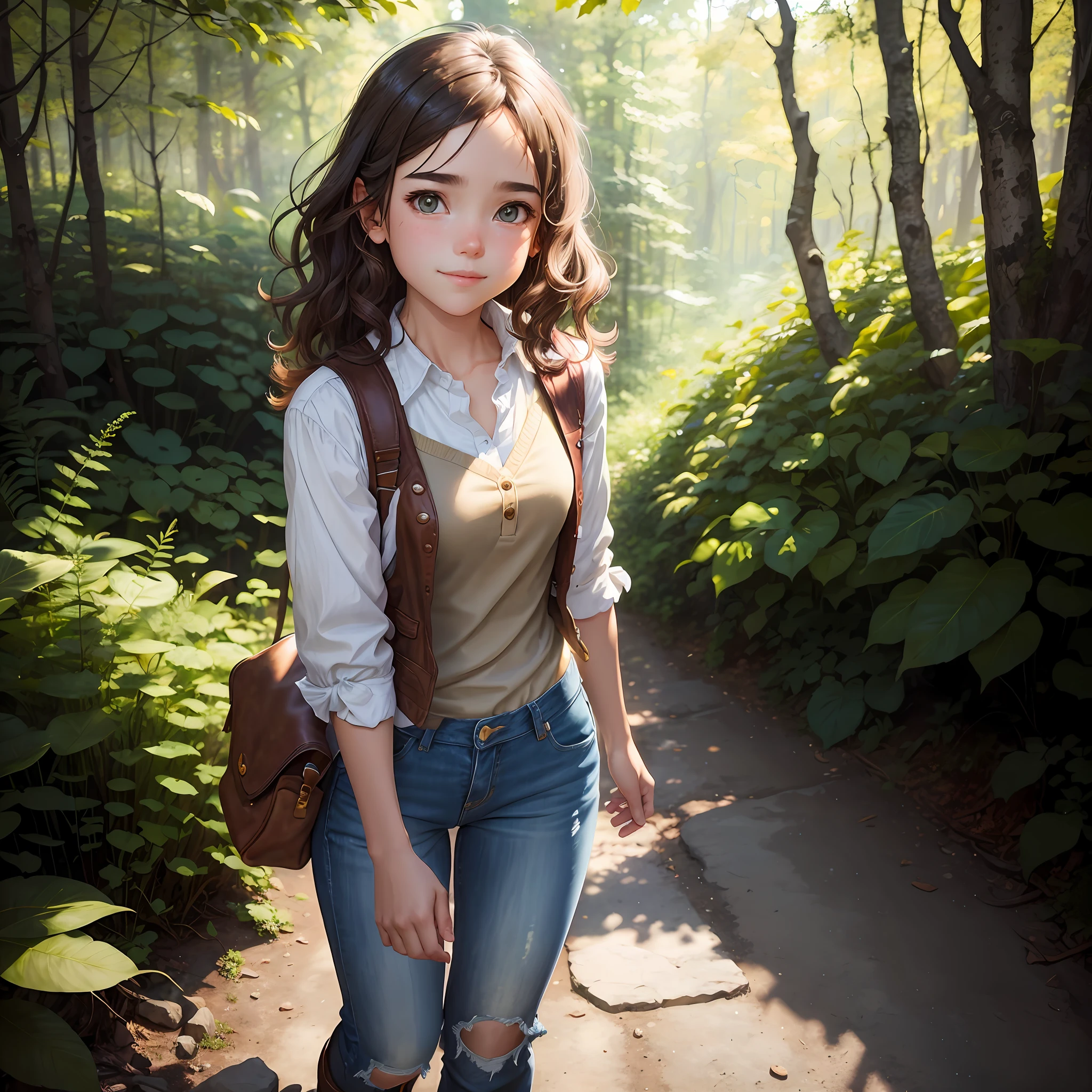 There is a woman walking down a path in the woods, anime girl in real life, Makoto Shinkai and Artgerm, Makoto Shinkai. digital rendering, makoto shinkai style, young realistic anime girl, makoto shinkai style, makoto shinkai art style, makoto shinkai style, photorealistic anime girl rendering,Laura is a girl with light brown hair, which fell in soft curls over her shoulders. His eyes were large and bright, the color of honey, full of curiosity and courage. His smile was infectious, lighting up the environment around him. She had a small, snub nose, which complemented her delicate face. Laura was short and agile, always ready to explore new places and face challenges. She wore a comfortable, colorful outfit, with a brown leather vest, a floral blouse, and ripped jeans. On her feet, she wore sturdy hiking boots, perfect for her adventures in the woods. Laura had a special sparkle in her eyes that reflected her adventurous nature and her ability to find magic in every corner.