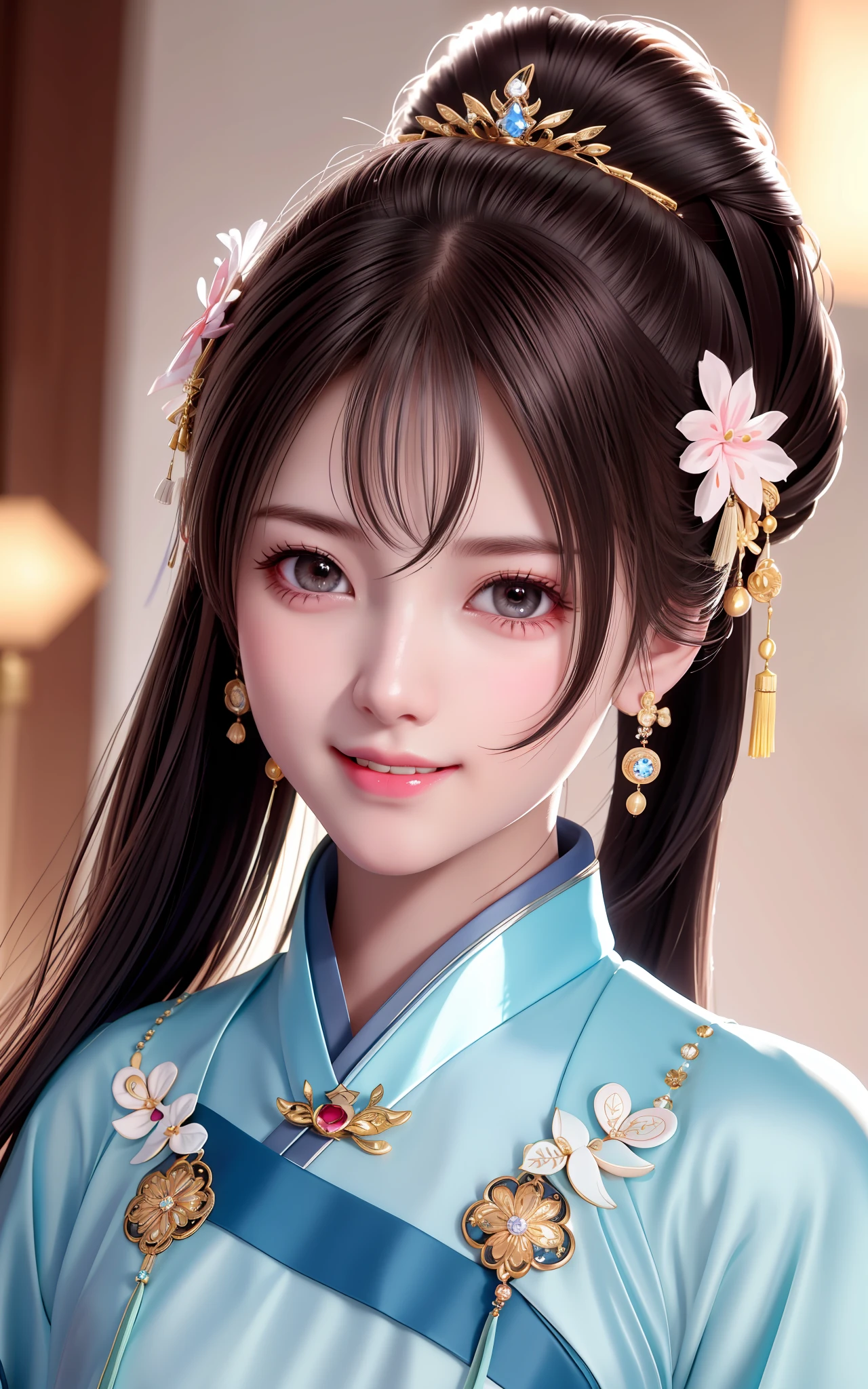 Face Close-up, Naughty Smile, Awesome, Masterpiece, High Resolution, 1girl, Blush, (Seductive Smile: 0.8), Star Eyes, Ball Head, Ponytail, Chinese Hanfu, Hair Accessories, Necklaces, Jewelry, Beauty, on_body, Tyndall Effect, Realistic, Shadow Room, Light Edge, Two-tone Lighting, (High Detail Skin: 1.2), 8K UHD, DSLR, Soft Light, High Quality, Volume Lighting, Candid Photo, High Resolution, 4K, 8K, Background Blur, Close-up of Face,