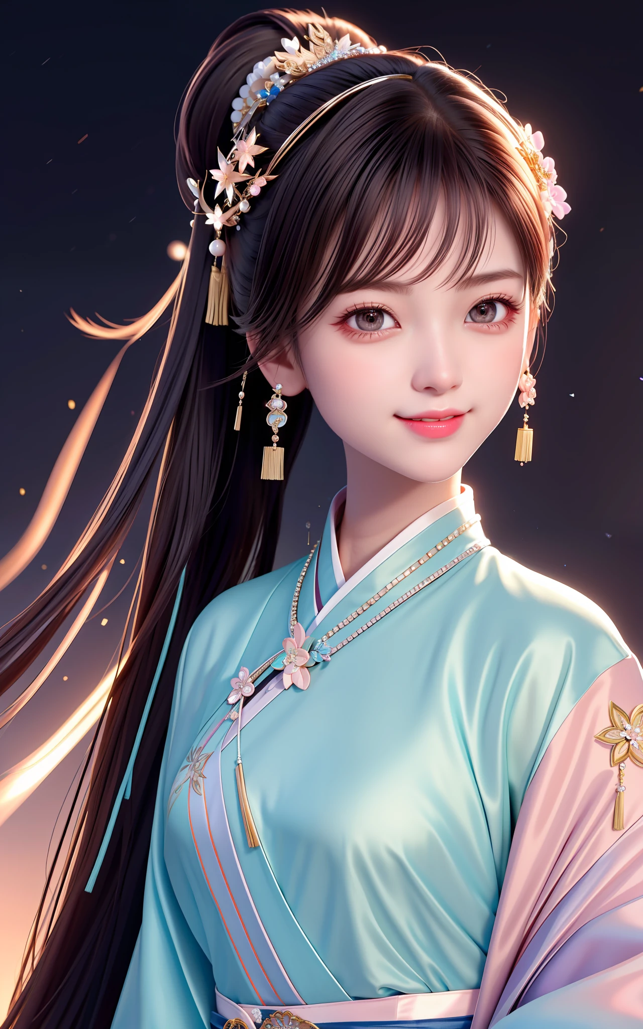 Face Close-up, Naughty Smile, Awesome, Masterpiece, High Resolution, 1girl, Blush, (Seductive Smile: 0.8), Star Eyes, Ball Head, Ponytail, Chinese Hanfu, Hair Accessories, Necklaces, Jewelry, Beauty, on_body, Tyndall Effect, Realistic, Shadow Room, Light Edge, Two-tone Lighting, (High Detail Skin: 1.2), 8K UHD, DSLR, Soft Light, High Quality, Volume Lighting, Candid Photo, High Resolution, 4K, 8K, Background Blur, Close-up of Face,