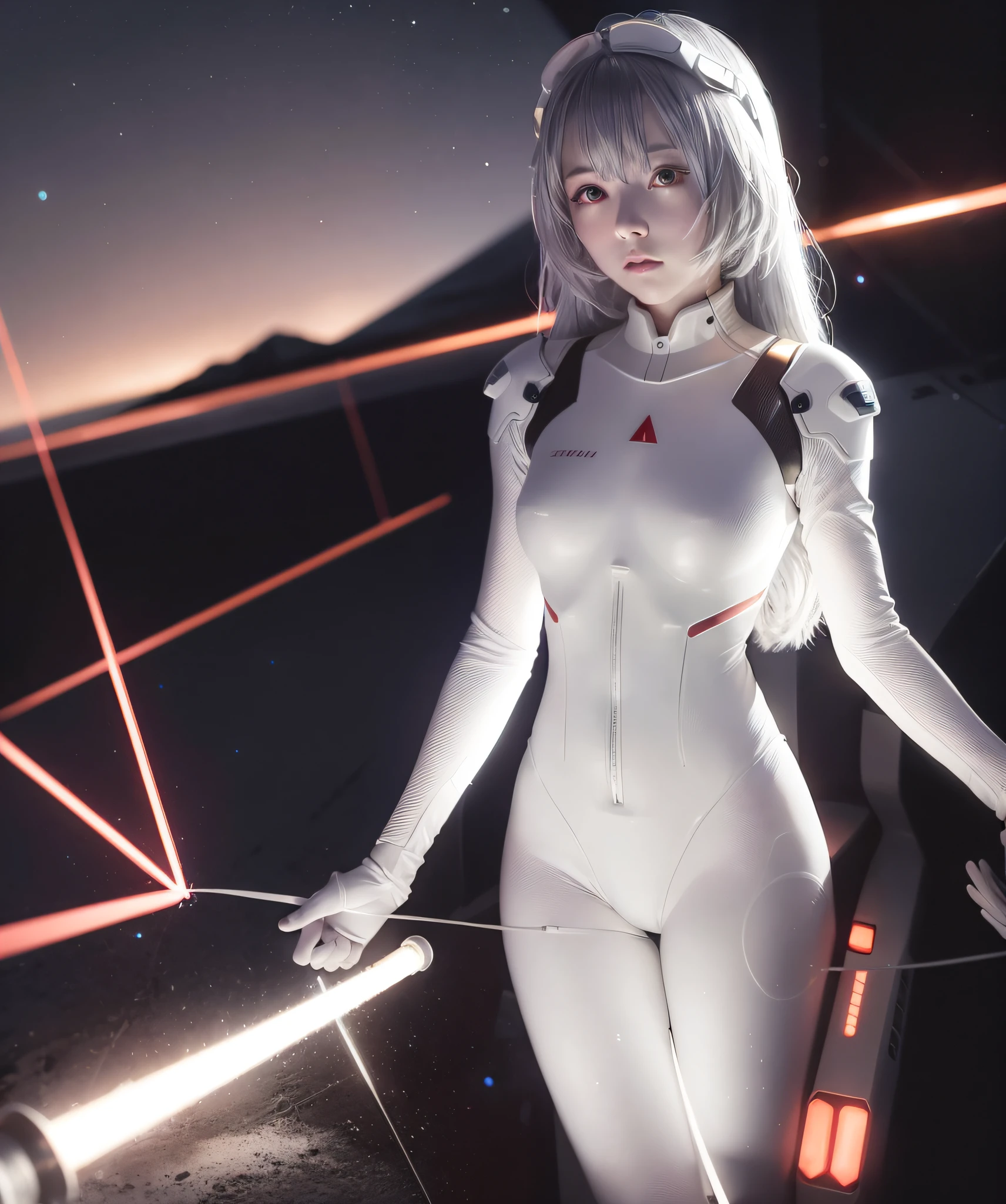 (8K, Best Quality, Masterpiece: 1.2), High Detail, Masterpiece, Ultra Detailed, Solo, 1Girl, (White: 1.5), (Delicate Eyes), ((Gray Hair)), Plugsuit, 1Girl, star_\(sky), short_hair, starry_sky, Bodysuit, ayanami_rei, Solo, night_sky, red_eyes, red_background, breasts, white_bodysuit, pilot_suit, lance_of_longinus, bangs, light_particles, ((triangular psychic devices on both sides of the head)), souryuu_asuka_langley, taut_clothes, mid-chest, bokeh, mechanical technology clothes, spacesuits, sexy, Perfect body