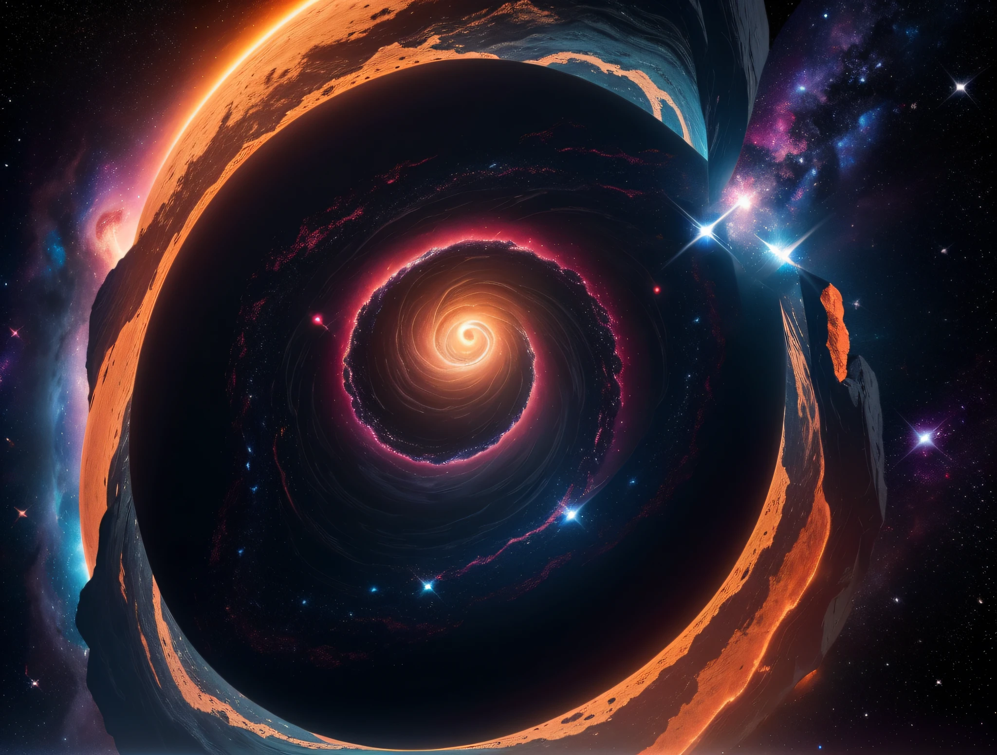 a single rocky ring with flames on part of the torus, rock torus in space, stars and galaxies, nebulae, high resolution, 8k