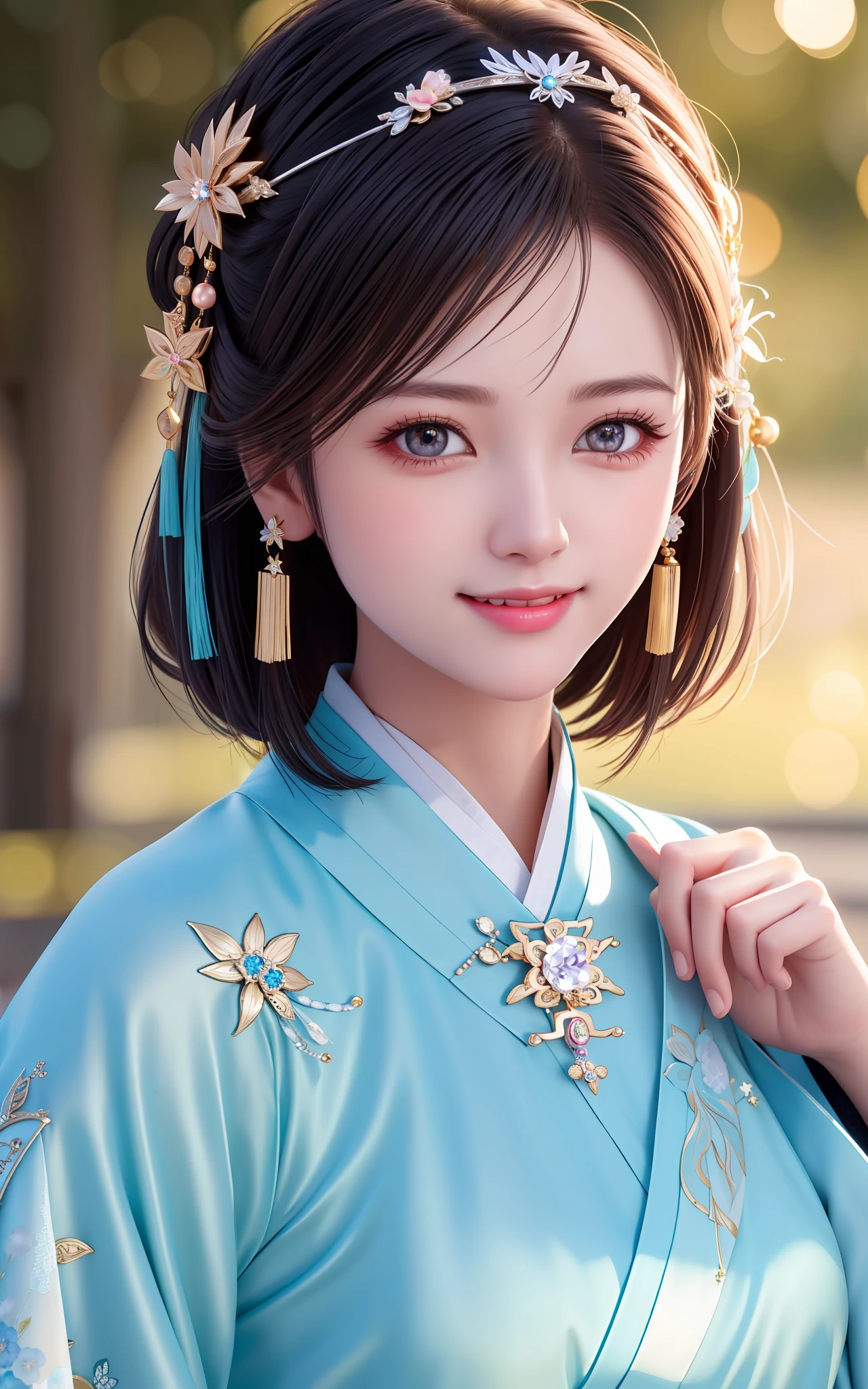 Face Close-up, Naughty Smile, Awesome, Masterpiece, High Resolution, 1girl, Blush, (Seductive Smile: 0.8), Star Eyes, Chinese Hanfu, Hair Accessories, Necklaces, Jewelry, Short Hair, Silver Jewelry, Beauty, on_body, Tyndall Effect, Realistic, Shadow Room, Light Edge, Two-tone Lighting, (High Detail Skin: 1.2), 8K UHD, SLR, Soft Light, High Quality, Volumetric Lighting, Candid Photo, High Resolution, 4K, 8K, Background Bokeh, Close-up of Face,