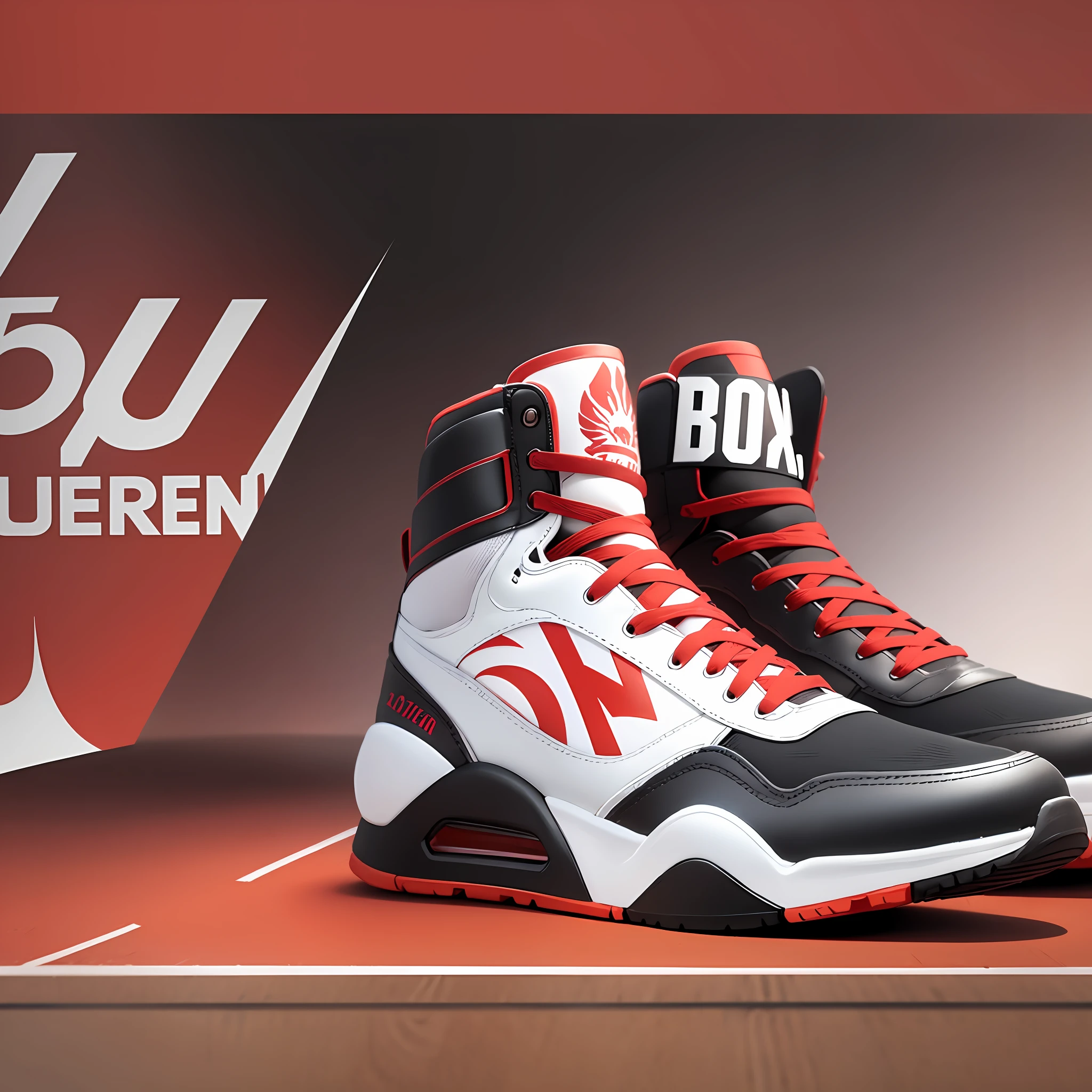 Create an advertising poster with the message buy now, the poster is for a high top sneaker, White black and red, wings on the back of the sneaker, symbol in check format as logo, ultra realistic, 50k, maximum quality, basketball court background --auto --s2