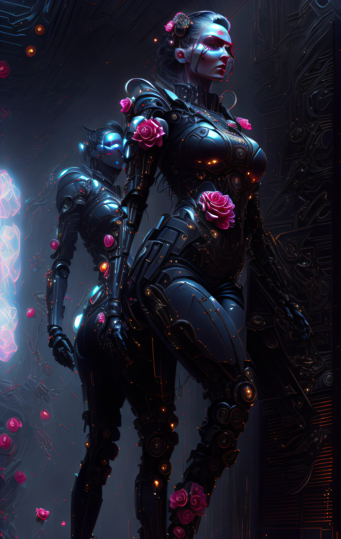 a close up of a woman in a futuristic suit with a rose, cyberpunk cyborg. roses, cyberpunk flowerpunk, kind cyborg girl with flowers, dominatrix robot, cybersuit, dominatrix assassin robot, cybersuits, pregnant female cyborg, cyberpunk art ultrarealistic 8k, alena aenami and android jones, cyberpunk knight, beautiful alluring female cyborg