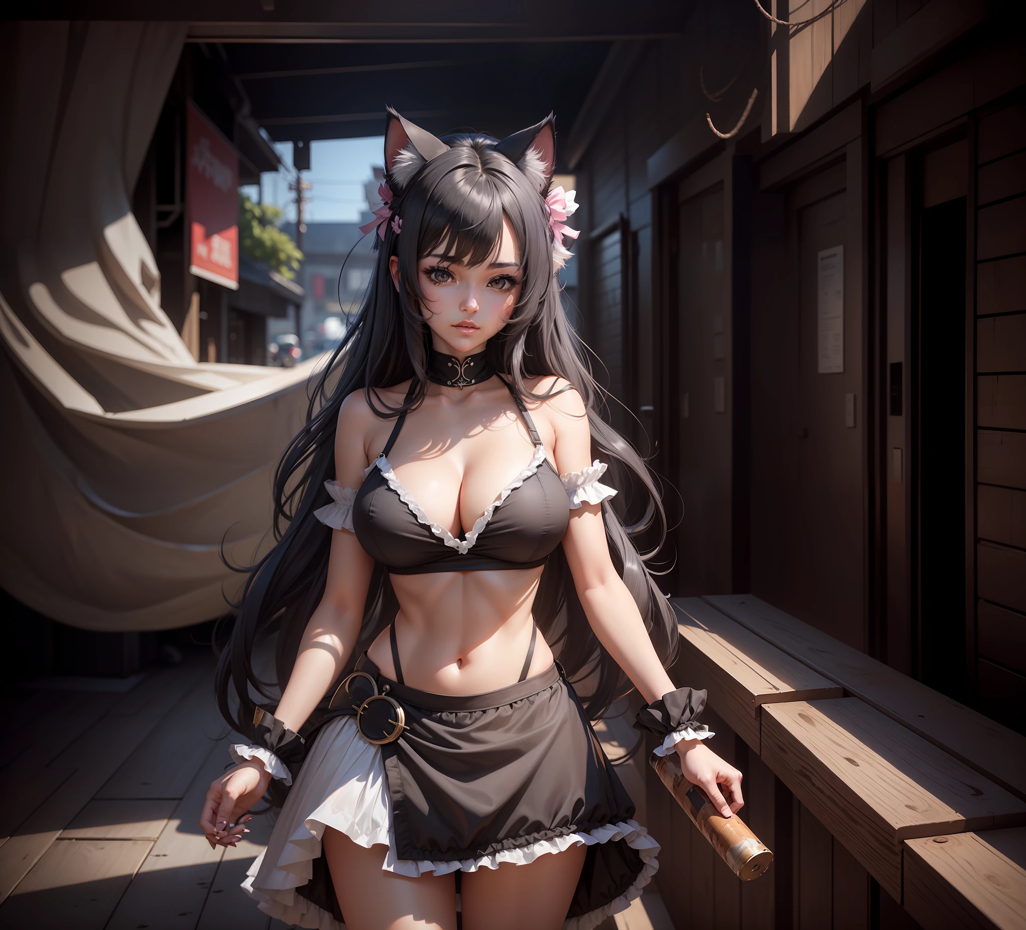 (certain quality), (certain style of painting), bigger breasts, gray eyes, black two-tailed hair with brown cat ears --auto --s2