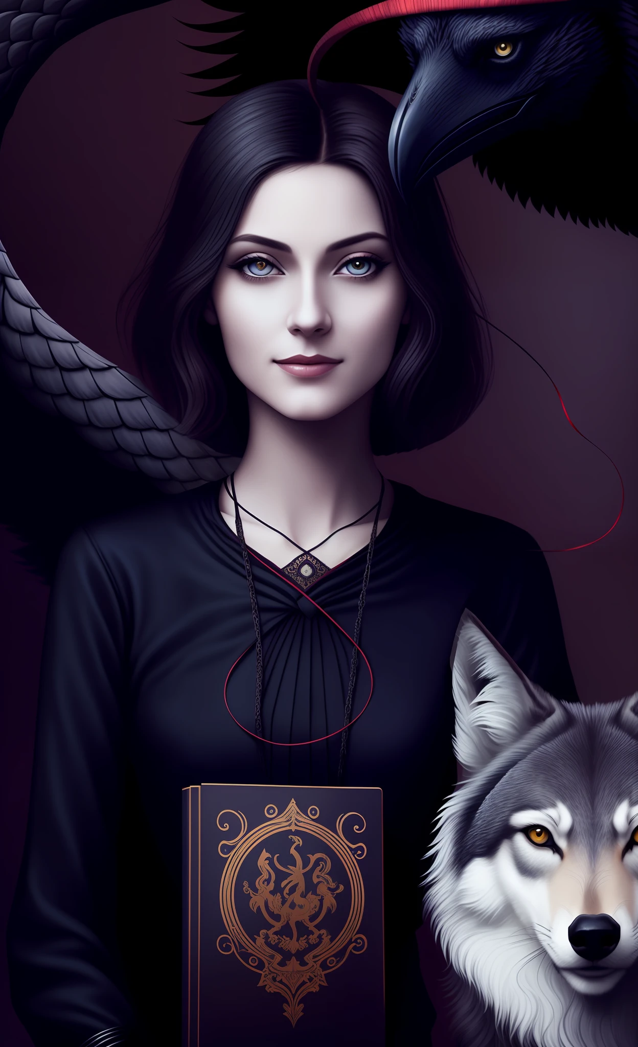 Young woman, princess twenty years old, young, big navy blue eyes, makeup, dark straight shoulder-length hair, bob haircut, ironic smile on soft lips, alert face, determined face, spectacular graceful face, woman ready to face the antagonist, in Nirvana band t-shirt and lace white dress, over the woman of crows, behind the woman of the snake, around the head and neck of the woman there is a red thread, woman holding a book,  Wolf nearby, realistic fantasy illustration, digital fantasy illustration.