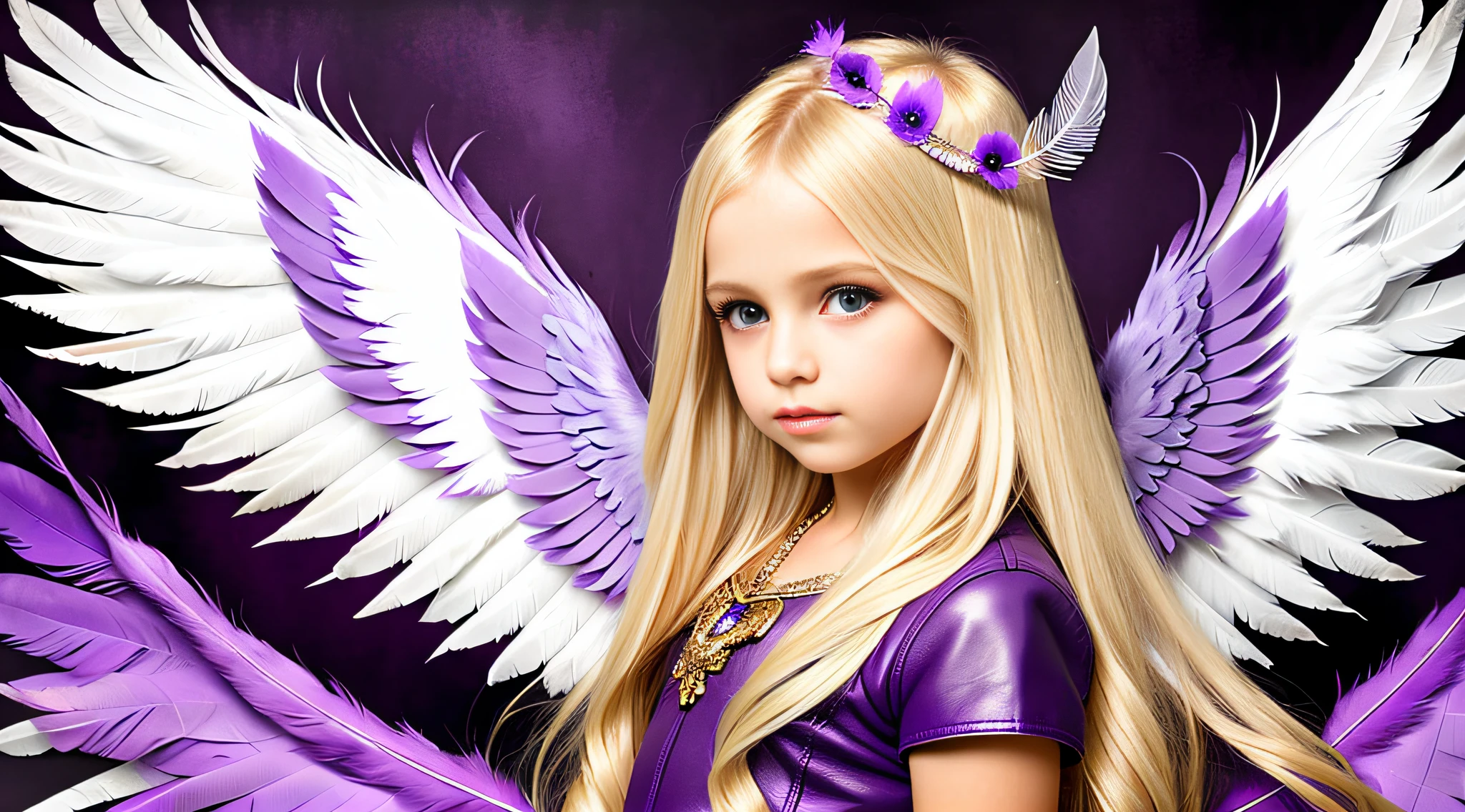 blonde girl with long hair and purple wings, girl with angel wings, girl with feathers, of a beautiful angel girl, angel girl, angel girl, cute portrait angel girl, purple leather wings, purple feathers, angel face, young harpy-girl, an angel, feather wings, wearing angel, angelic photography, feathered wings, fallen angel