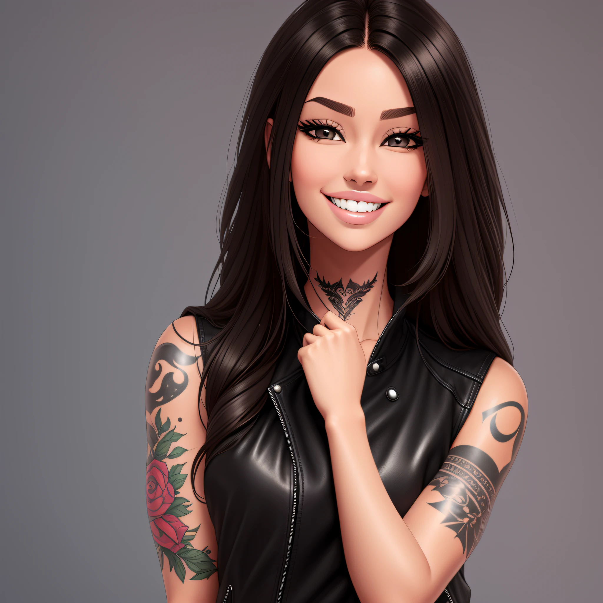 1 girl, Long thick hair, dark black hair, dark brown eyes, lip piercing, tattoo sleeves on both arms, full lips, sweet smile, mischievous eyes, sleeveless top, leather jacket