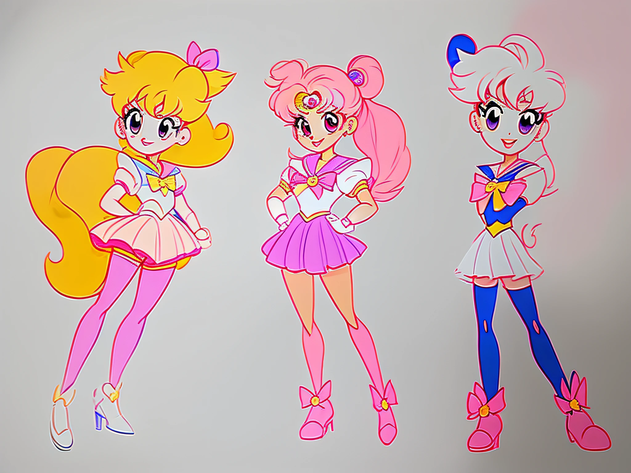 sketches of cartoon characters drawn on a piece of paper, style of magical girl, in the art style of 8 0 s anime, inspired by Sailor Moon, powerpuff girls style, style anime, anime style, in ryuuou no oshigoto art style, in anime style, outfit designs, digital art!!, peach and goma style, sailor moon style