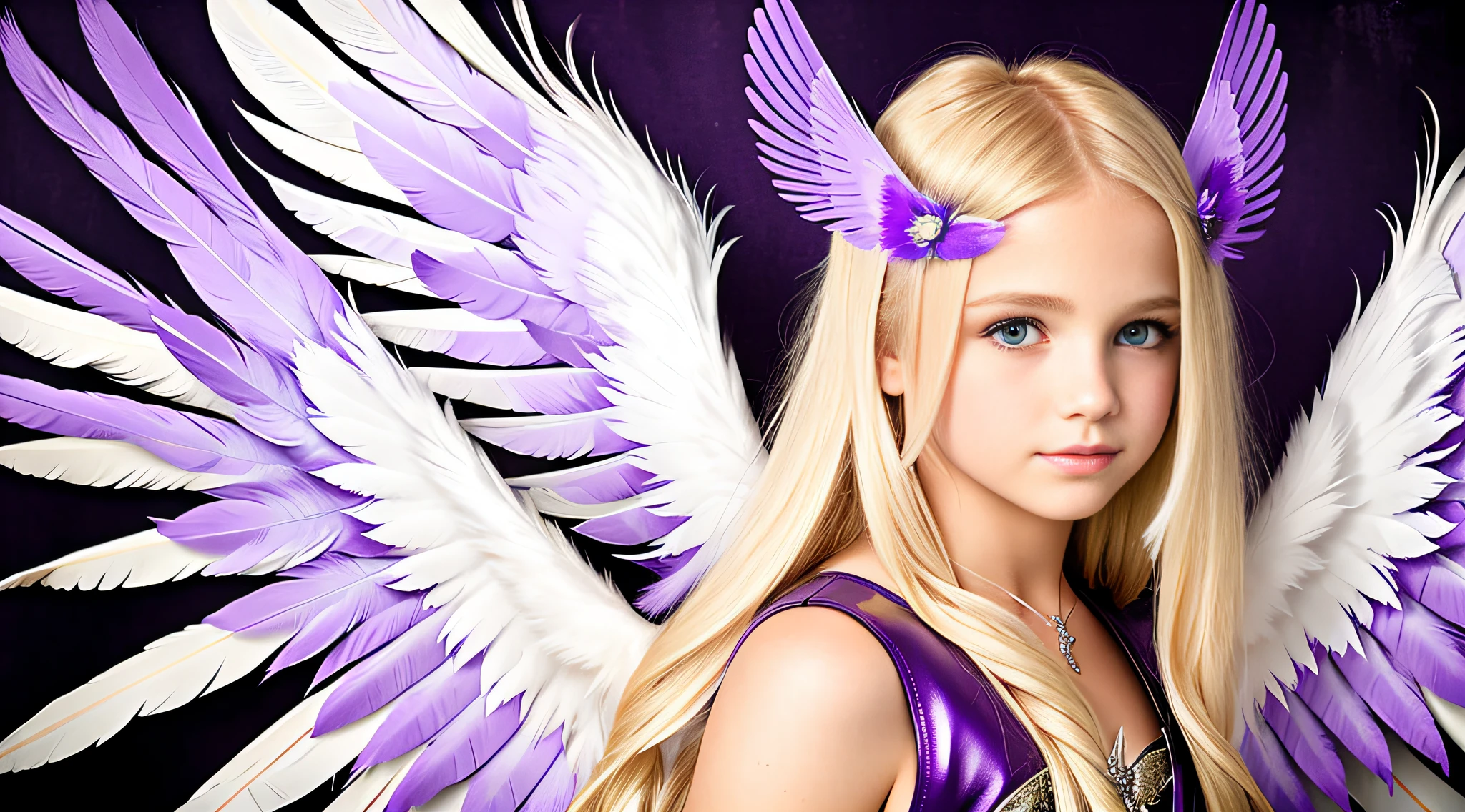 blonde girl with long hair and purple wings, girl with angel wings, girl with feathers, of a beautiful angel girl, angel girl, angel girl, cute portrait angel girl, purple leather wings, purple feathers, angel face, young harpy-girl, an angel, feather wings, wearing angel, angelic photography, feathered wings, fallen angel