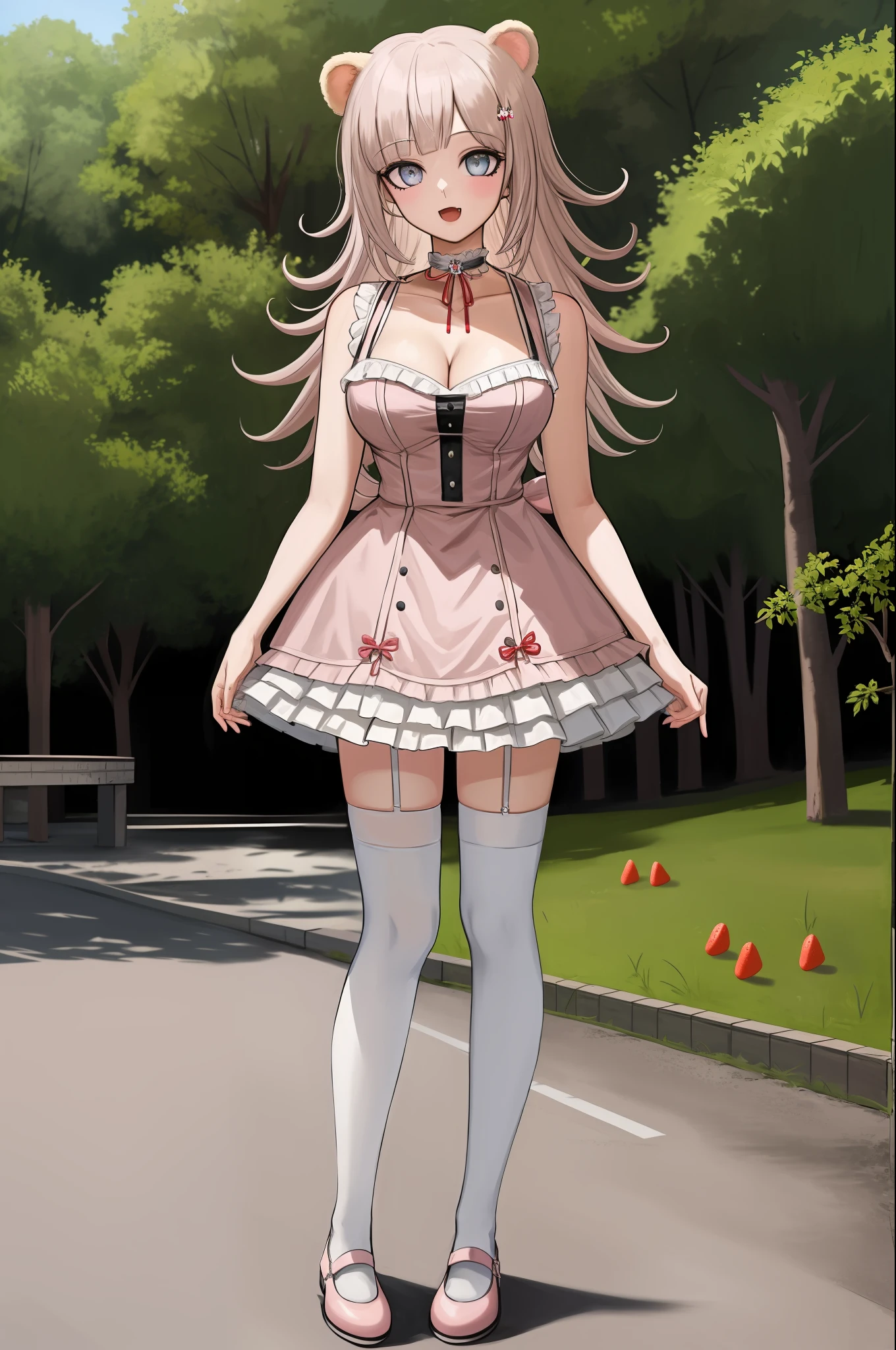 (leaning over:1.4), (masterpiece:1.2, best quality), (real picture, intricate details), 1girl, solo, absurdres, cowboy shot, standing, outdoors, :3, smile, bear girl, bear ears, ((light pink dress)), frills, very detailed dress, white thighhighs, platinum blonde hair, gray blue eyes, long hair, ((red strawberry choker)), smile, open mouth, one fang, large breasts, cleavage, sleeveless dress, arms behind back,