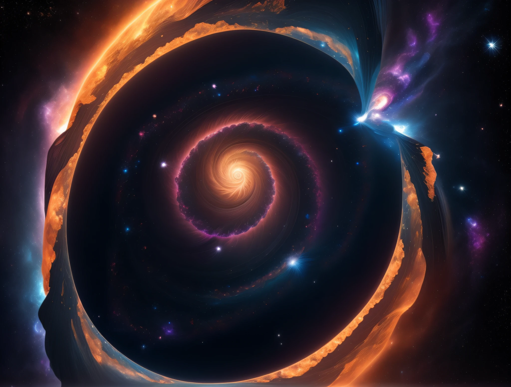 a close up of a spiral shaped object in the middle of a galaxy, spiral heavens, pulled into the spiral vortex, interstellar vortex through time, nebulas swirls, majestic interstellar portal, amazing space creature 4 k, abstract black hole in space, 4k highly detailed digital art, space fractal gradient, swirling vortex of energy, portal to outer space