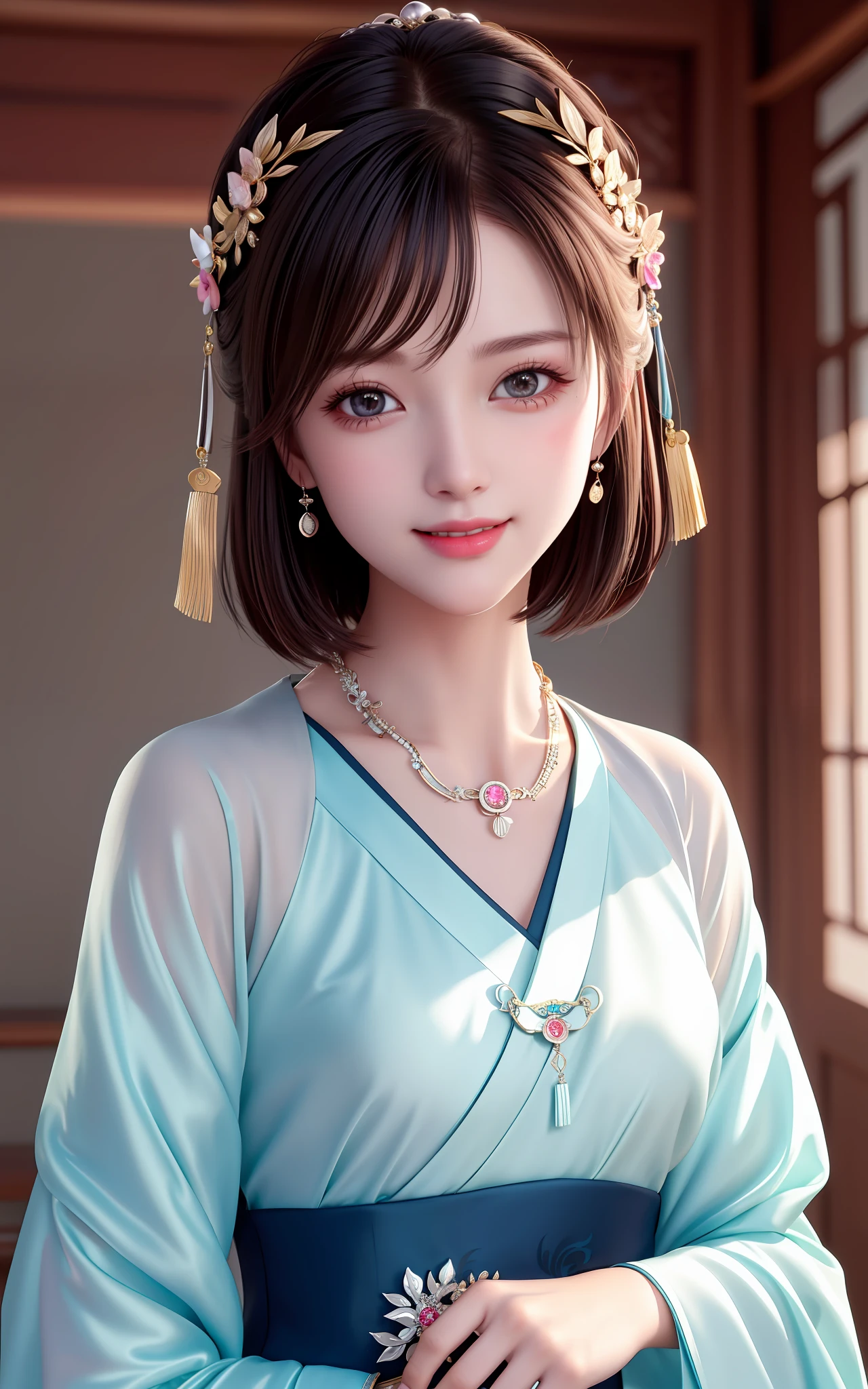 Face close-up, mischievous smile, superlative, masterpiece, high resolution, 1girl, blush, (seductive smile: 0.8), star pupil, Chinese Hanfu, hair accessories, necklace, jewelry, short hair, holding a fan, silver jewelry, beauty, on_body, Tyndall effect, realistic, shadow room, light edge, two-tone lighting, (high detail skin: 1.2), 8k uhd, SLR, soft light, high quality, volumetric lighting, sneak peek, photo, high resolution, 4k, 8k, background blur, close-up of face,