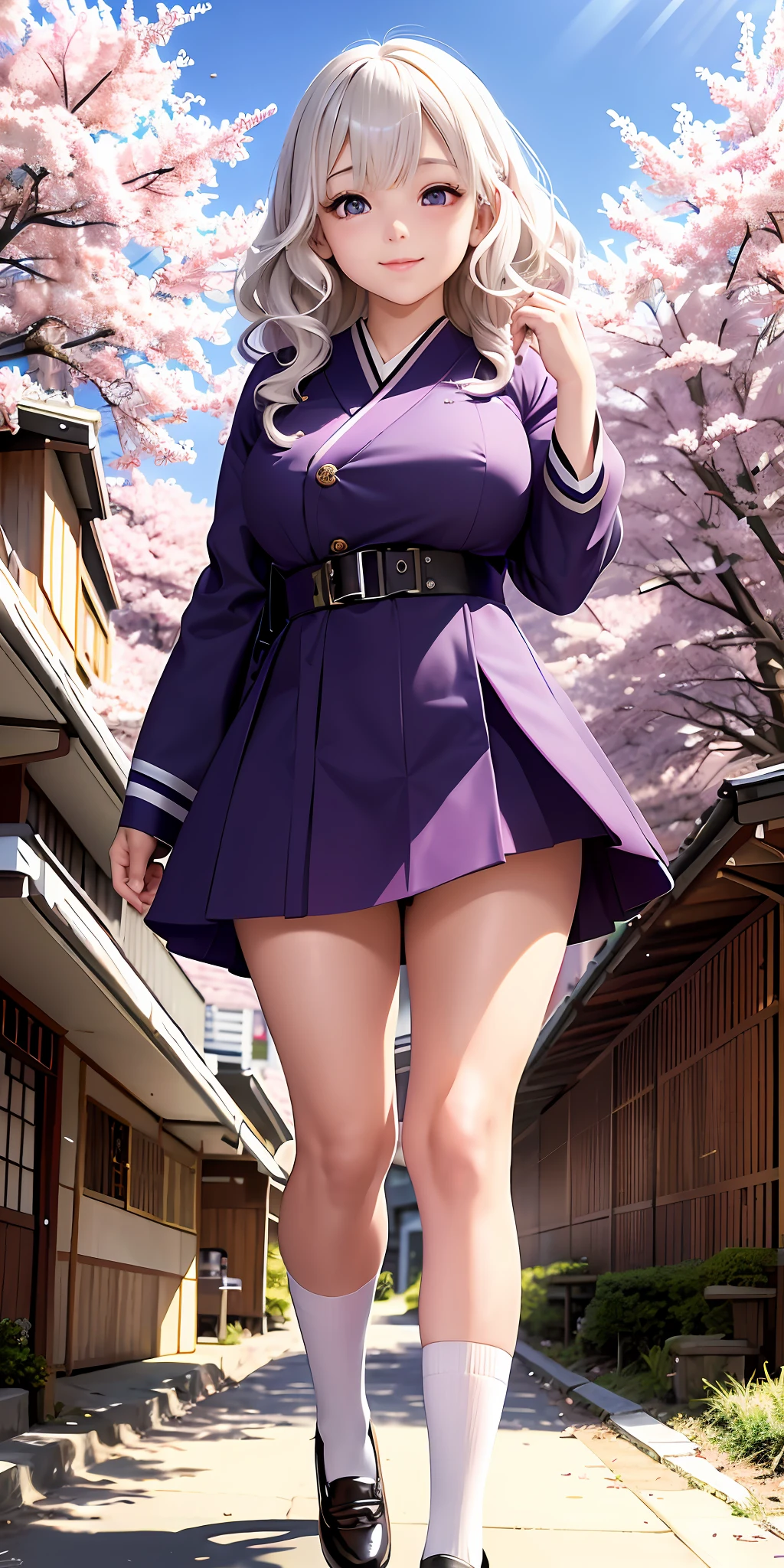 best quality, masterpiece, white hair, curly hair, 1girl, highlighted purple eyes, japanese uniform, japanese school, sunny day, students walking behind, smiling, holding high school books, Sakura trees, darkened/brunette skin, medium breasts, wide thighs, african american hair, brown skin