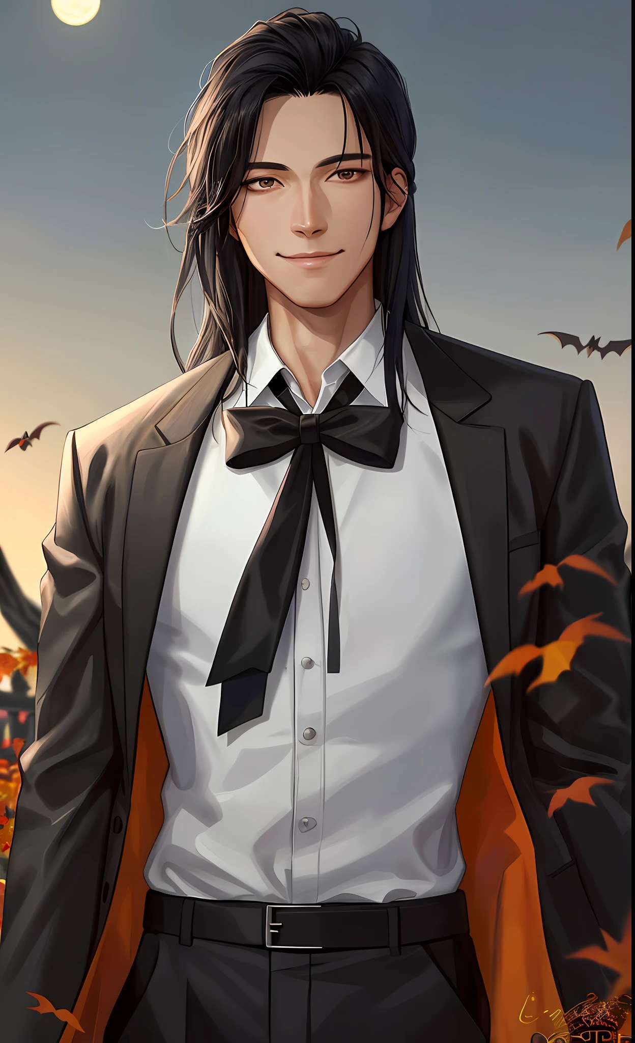 Masterpiece, Best Quality, Realistic, 1 man, male focus, tall, cute, smile, closed mouth, shirt and black pants, portrait, extremely detailed face, autumn Halloween season, Korean face, idol face, long black hair, cinematic lightning, background with dramatic light, October, moon, night time