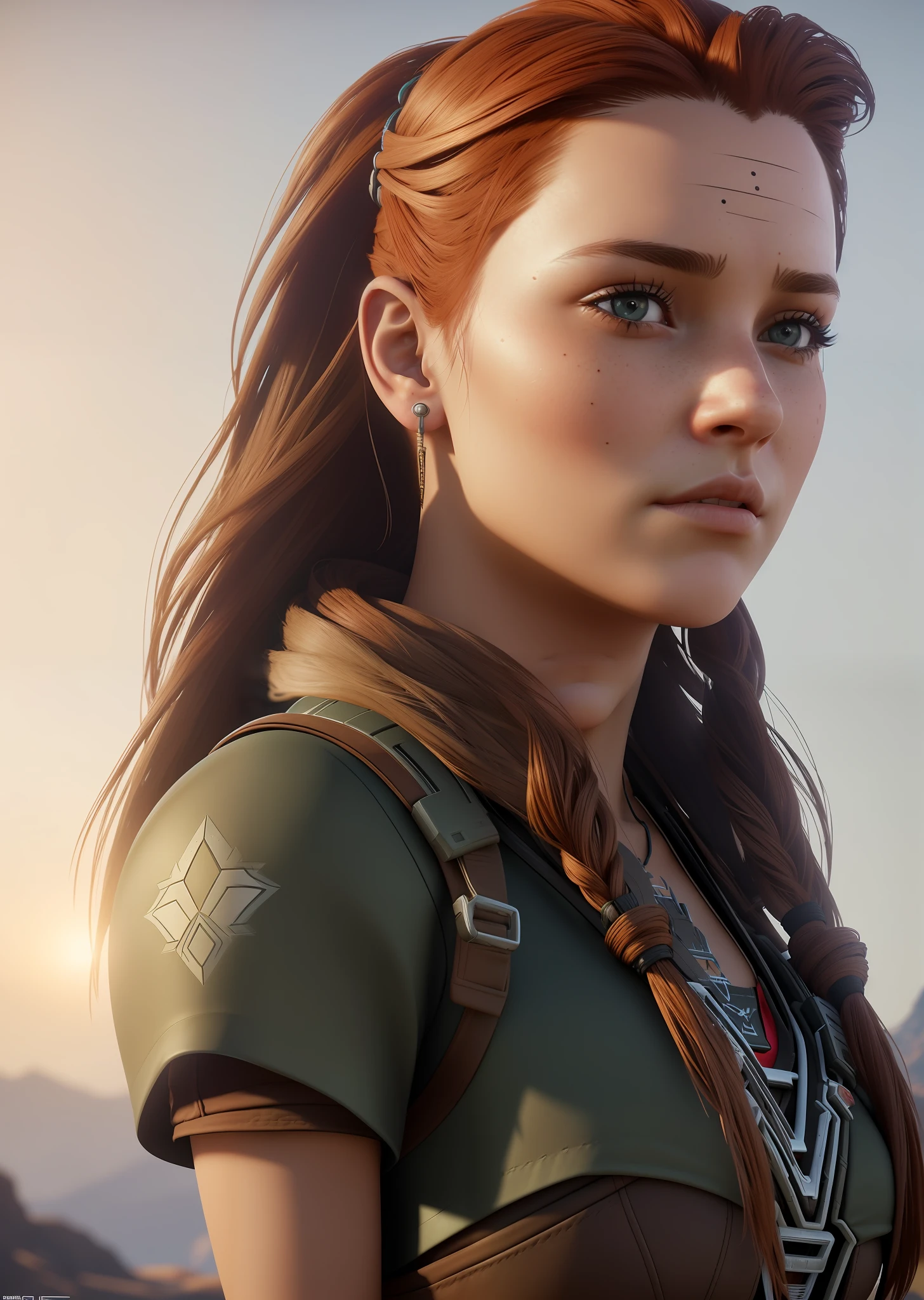 (Cinematic photo: 1. 3), Scarlet (Horizon Zero Dawn) car seeker and hunter, ((full-length)), freckles on cheeks and nose, (large breasts), emphasized big butt, cute face, deep realism, realistic hair, detailed skin, depth of field, against Tar Cliff, perfectly symmetrical face, realistic proportions, complex, abstract, directional look, cinematic composition, super detailed, realistic, hyper-realistic, volumetric lighting, high-quality digital painting 8k, on trend for artstation, Style-RustMagic, (beautiful: 1. 4),(attractive: 1.3),beautiful, correndo na favela