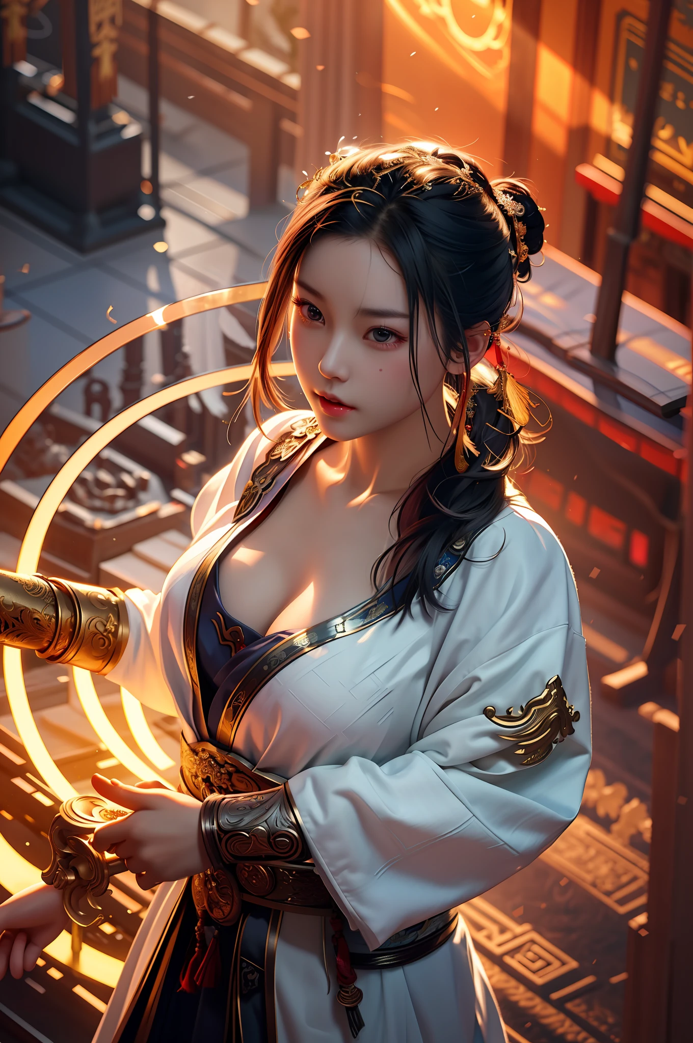 there is a woman in a white robe holding a sword, trending on cgstation, cinematic. by leng jun, by Yang J, chengwei pan on artstation, by Victor Wang, palace , a girl in hanfu, ross tran 8 k, cgsociety and fenghua zhong, beautiful digital artwork, by Zhang Han, wlop and ross tran