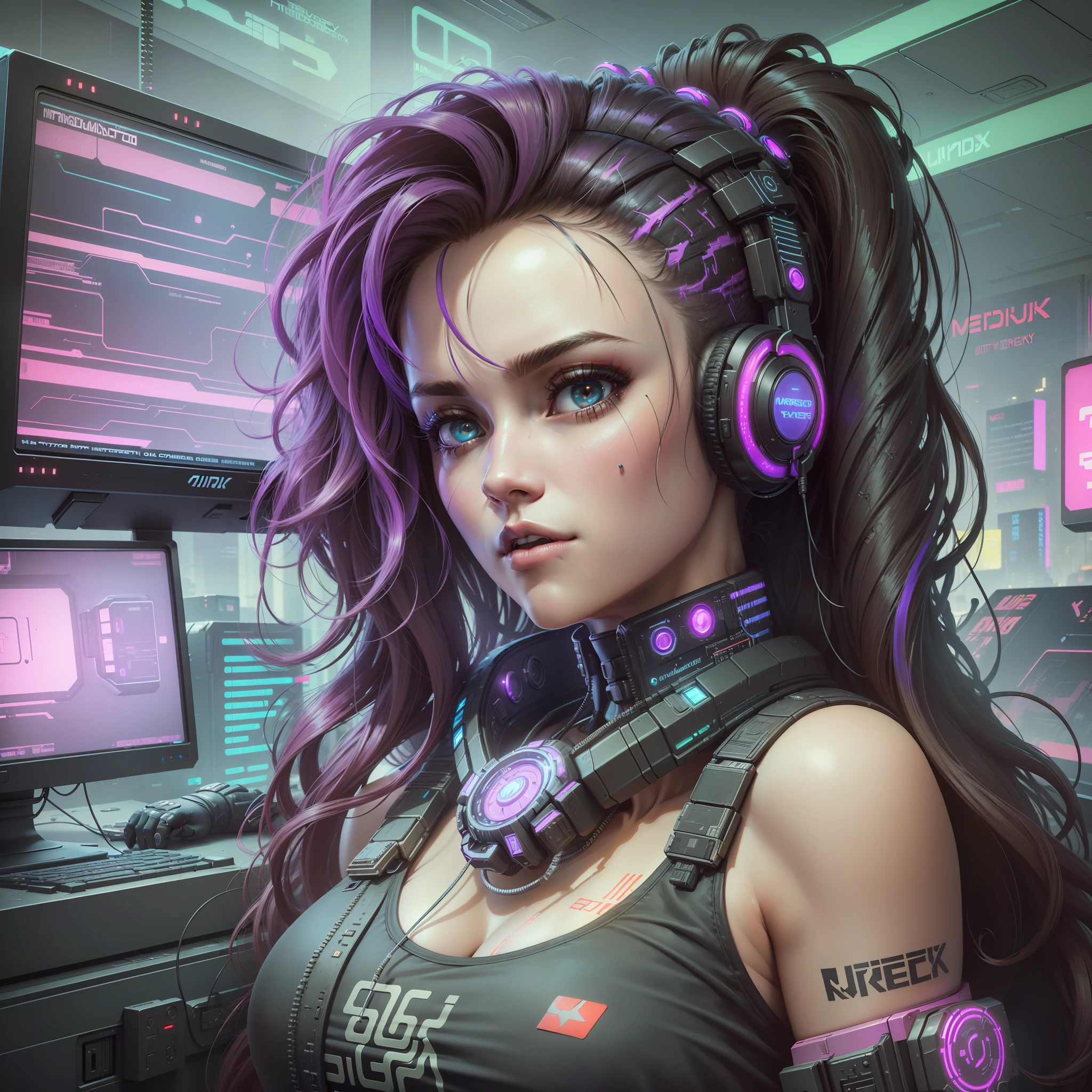 ((Best quality)), ((masterpiece)), (highly detailed:1.3), 3D, beautiful (cyberpunk:1.3) hacker woman with thick voluminous hair operating a computer terminal