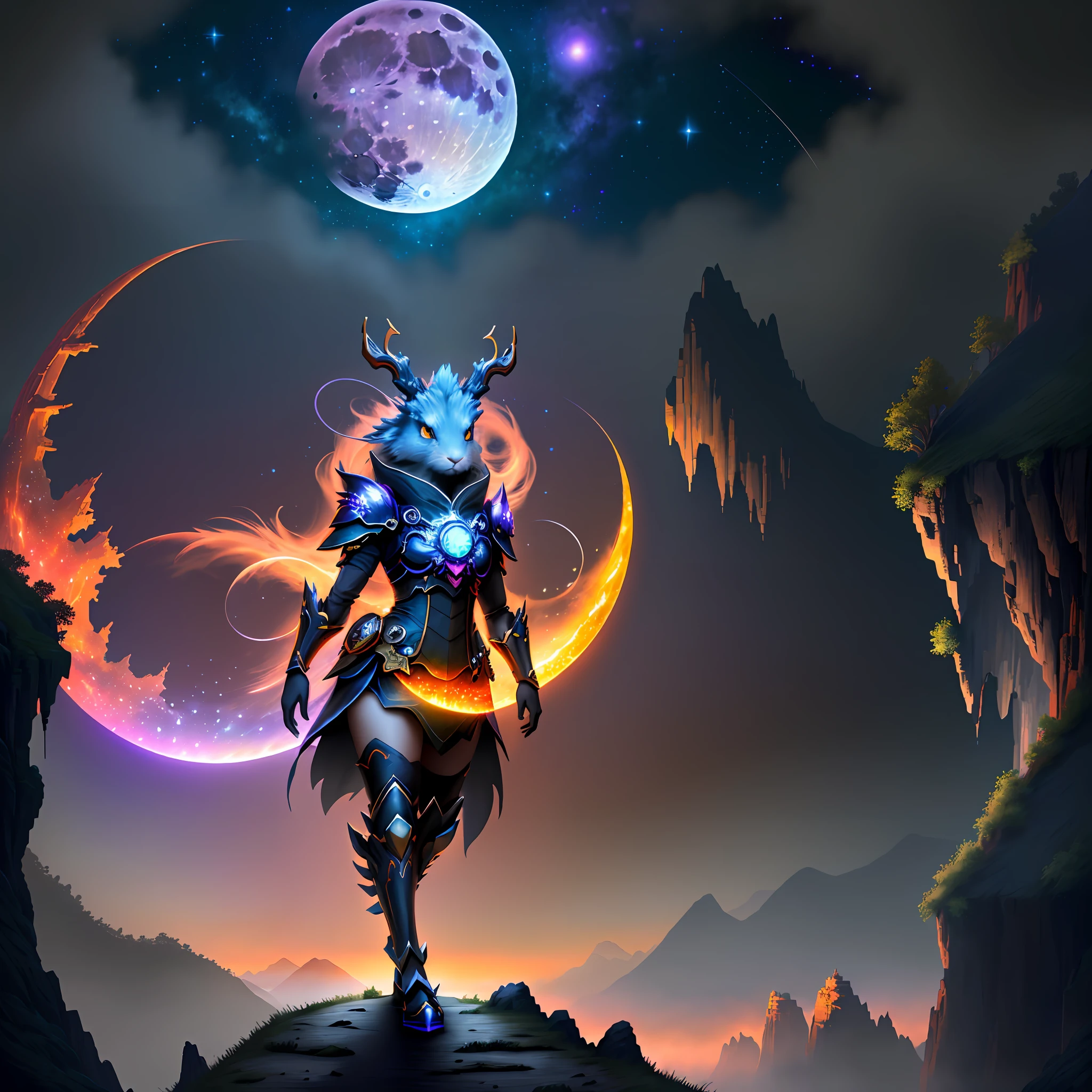 Vast landscape photos, (looking at the sky and the wilderness below), "A rabbit, magical, anthropomorphic, girl, angry expression, glowing eyes, Wanruo mask, Hanfu, background of ancient Chinese streets, night." Genshin Impact Impact, Best Quality, High Detail, High Quality, Ultra High Resolution, OC Rendering, 8K" Standing in a Flower Field and Looking Up, (Full Moon: 1.2), (Meteor: 0.9), (Nebula: 1.3), Far Away Mountains, Tree Breaking Making Art, (Warm Source: 1.2), (Firefly: 1.2), Lights, Purple and Orange, Intricate Details, Volumetric Lighting BREAK (Masterpiece: 1.2), (Highest Quality), 4K, Ultra Detailed, (Dynamic configuration: 1.4), Highly detailed and colorful details (rainbow color: 1.2), (Sparkling lighting, atmospheric lighting), Dreamy, magical, (Solo: 1.2), (Ying Dragon God), (Through the clouds), (Top of the mountains), (Complex), (Super Detail), (Starry Sky Background), (Stout Limbs), (Moon Night), (Ultra Clear), (Best Quality),