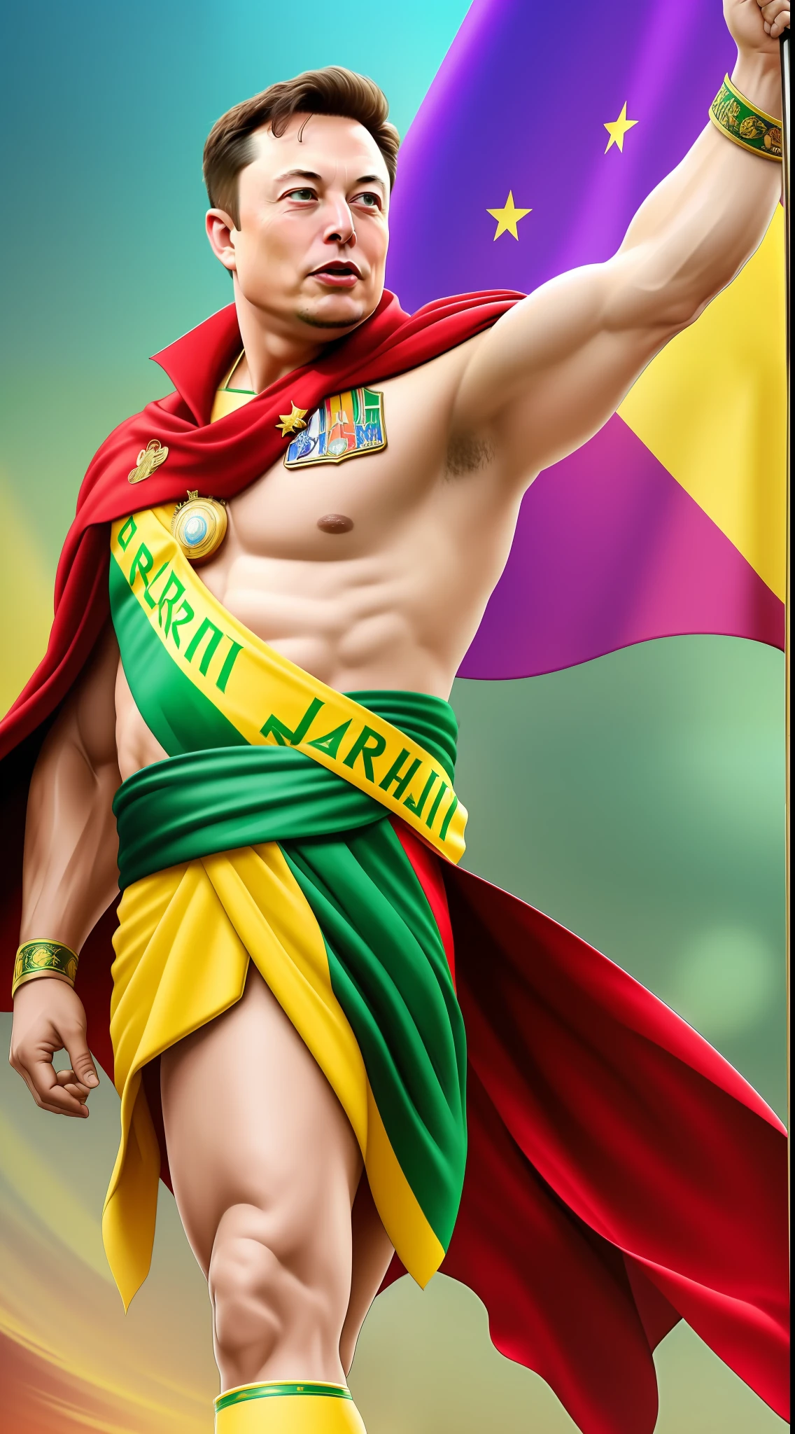 ((masterpiece)), better quality, high quality, ((8k wallpaper of extremely detailed CG unit)), Elon Musk taking office as president of Brazil with the sash of president, green and yellow, on the chest, Brazilian flag in the background, waving to voters, in the center of the image, walking towards the camera, looking forward, realistic, 8k.