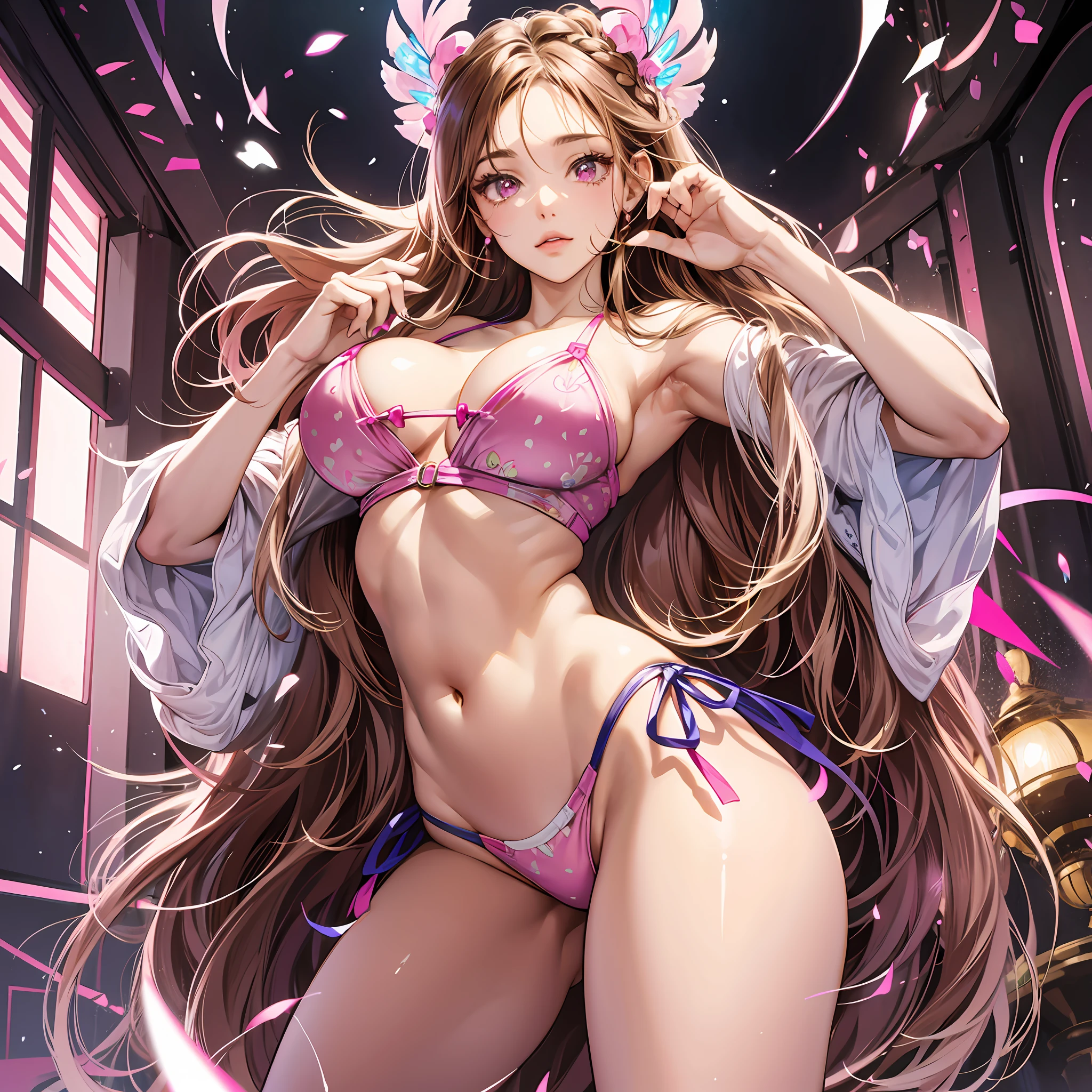 Very Pretty, Very Beautiful, Pink Eyes, Long Hair Braided with Glowing Brown Sides, White Small Bikini, Huge Breasts, Lower, Standing With Open Legs, Close Up From Thighs, Looking Down, Close Up, Angle from Directly Down, Full Body, high resolution, best quality, very high image quality, ultra detailed, hyper realistic, 3d, anime, manga, illustration, fantasy