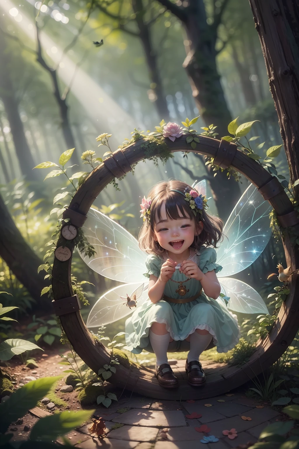 Very cute fairy close-up photo in the forest, small child playing with fairies, looking happy, laughing, small animals, birds, playing together, wheel of light, glitter, wish, soft volumetric lights, (backlit: 1.3), (cinematic: 1.2), intricate details, (art station: 1.3), Rutkowski --auto --s2