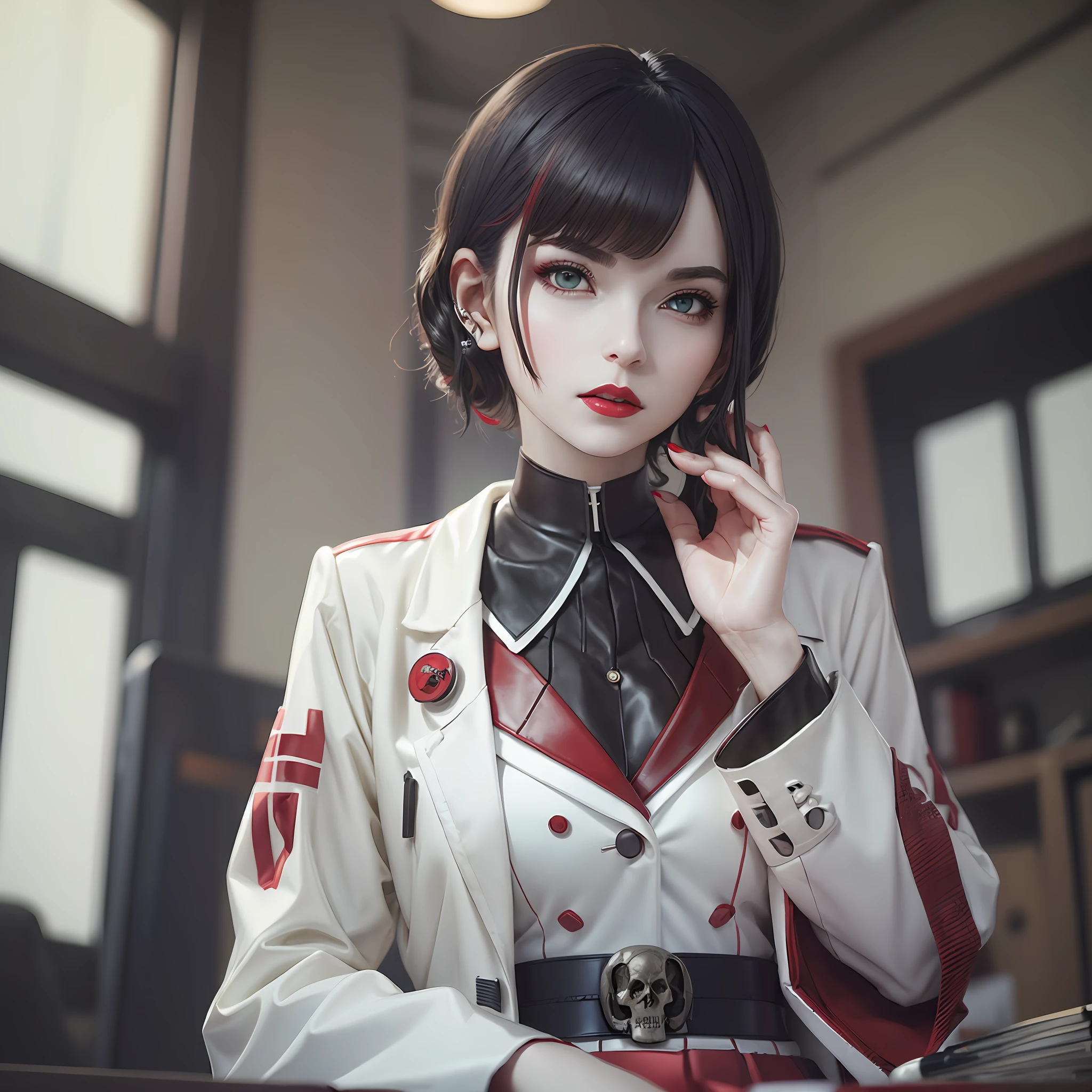 An extremely sexy and provocative anime style woman (holding a skull: 1.9), the skull in her hand, looking at the skull, the woman is tall, dressing like a doctor, with a white coat, short black hair messed with part of it (behind the ear: 1.9), hair colored various colors, green eyes semi closed, a sad face, heavy makeup, eye shadows, red lipstick, pale skin, in the dark, light above her, sitting in a chair, in a doctor's office, inside the coat a red top and tight, textured red skirt, leather straps on the shells, black choker on the neck --auto --s2