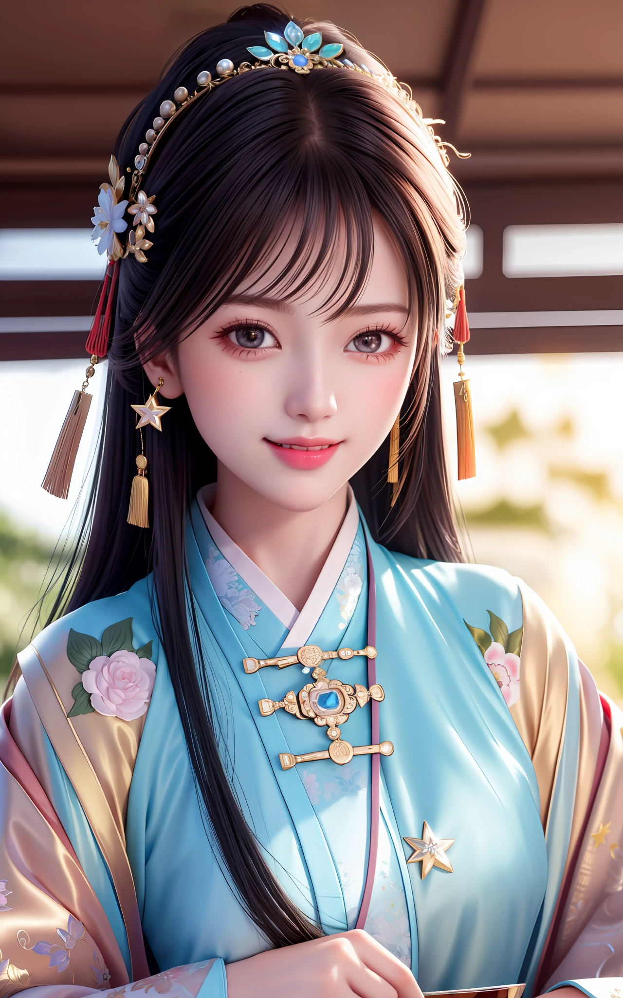 Face Close-up, Naughty Smile, Awesome, Masterpiece, High Resolution, 1girl, Blush, (Seductive Smile: 0.8), Star Pupil, Chinese Hanfu, Hair Accessories, Necklaces, Jewelry, Short Hair, Holding a Fan, In Tea, Tea Tasting, Silver Jewelry, Beauty, on_body, Tyndall Effect, Realistic, Shadow Room, Light Edge, Two-tone Lighting, (High Detail Skin: 1.2), 8K UHD, DSLR, Soft Light, High Quality, Volume Lighting, Voyeur, Photo, High Resolution, 4K, 8K, Background Blur, close-up of face,