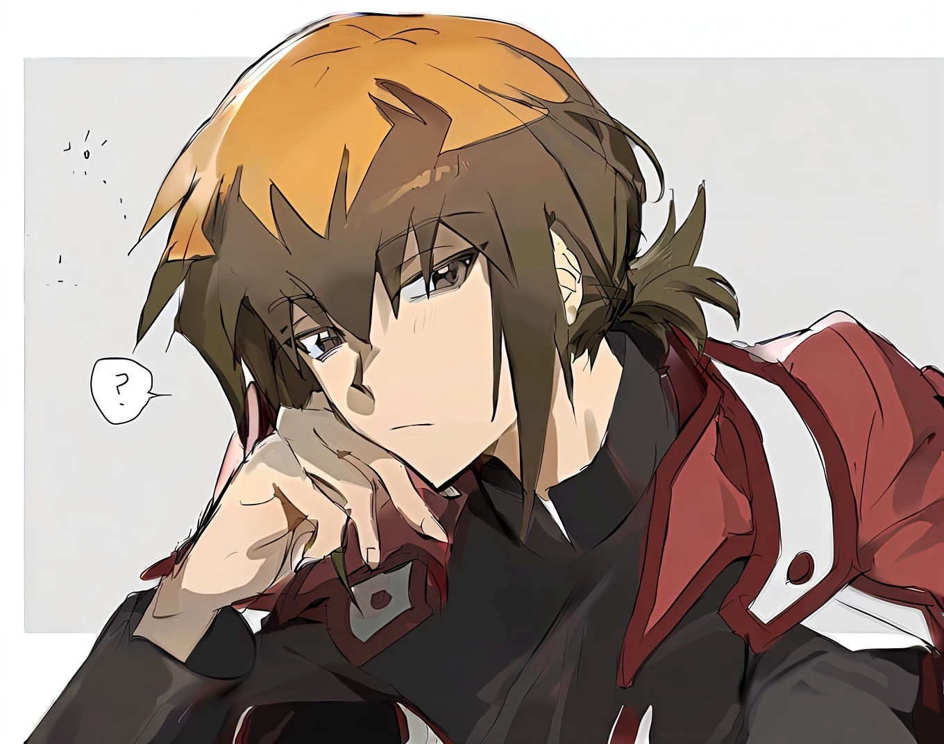 anime character with a red jacket and black jacket, shirow masamune, roguish smirk, [[[[grinning evily]]]], gurren lagan, wry smirk, as an anime character, ryuko matoi, anime character, anime style”, yugioh art style, inspired by Yamagata Hiro