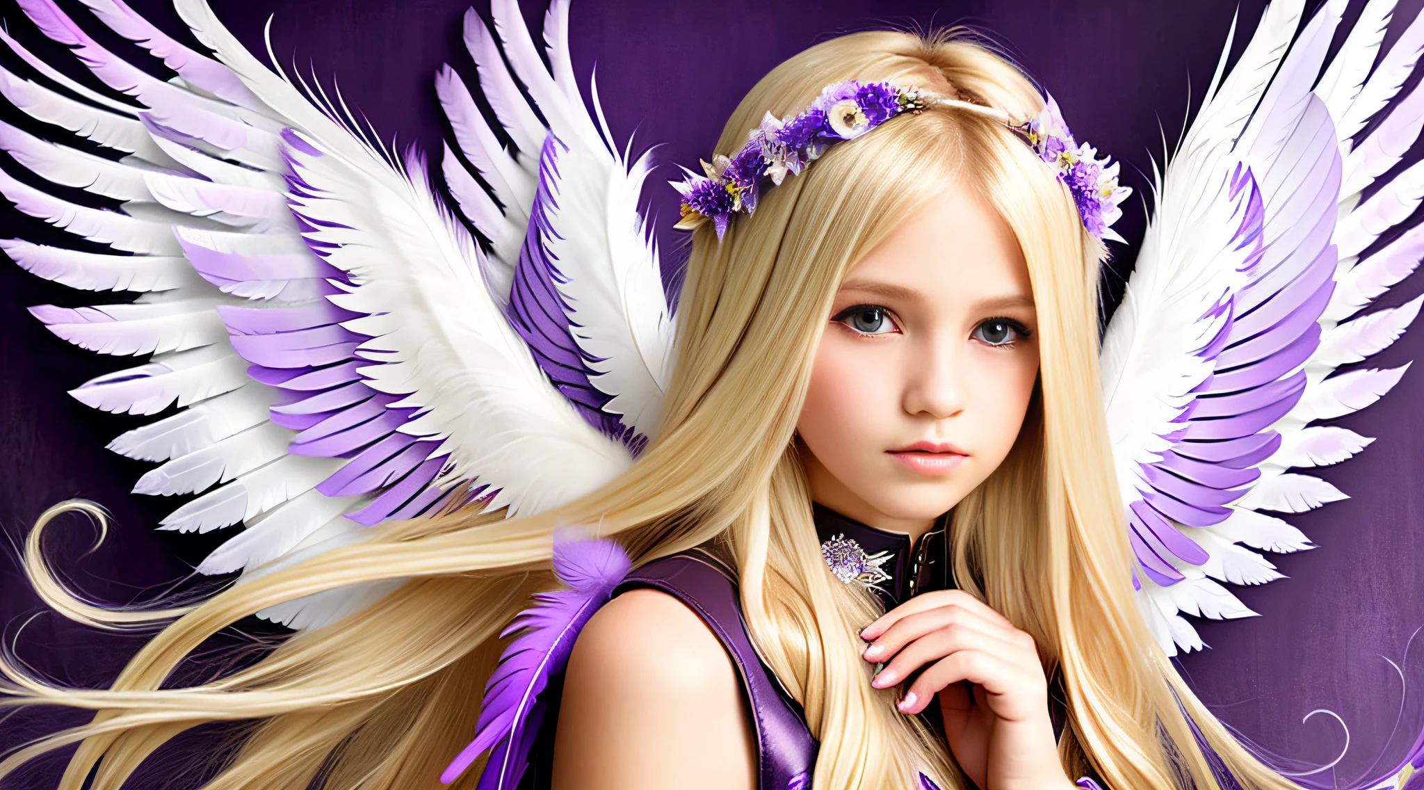 blonde girl with long hair OF purple STRANDS and wings, girl with angel wings, girl with feathers, of a beautiful angel girl, angel girl, angel girl, cute portrait angel girl, purple leather wings, purple feathers, angel face, young harpy-girl, an angel, feather wings, wearing angel, angelic photography, feathered wings, fallen angel