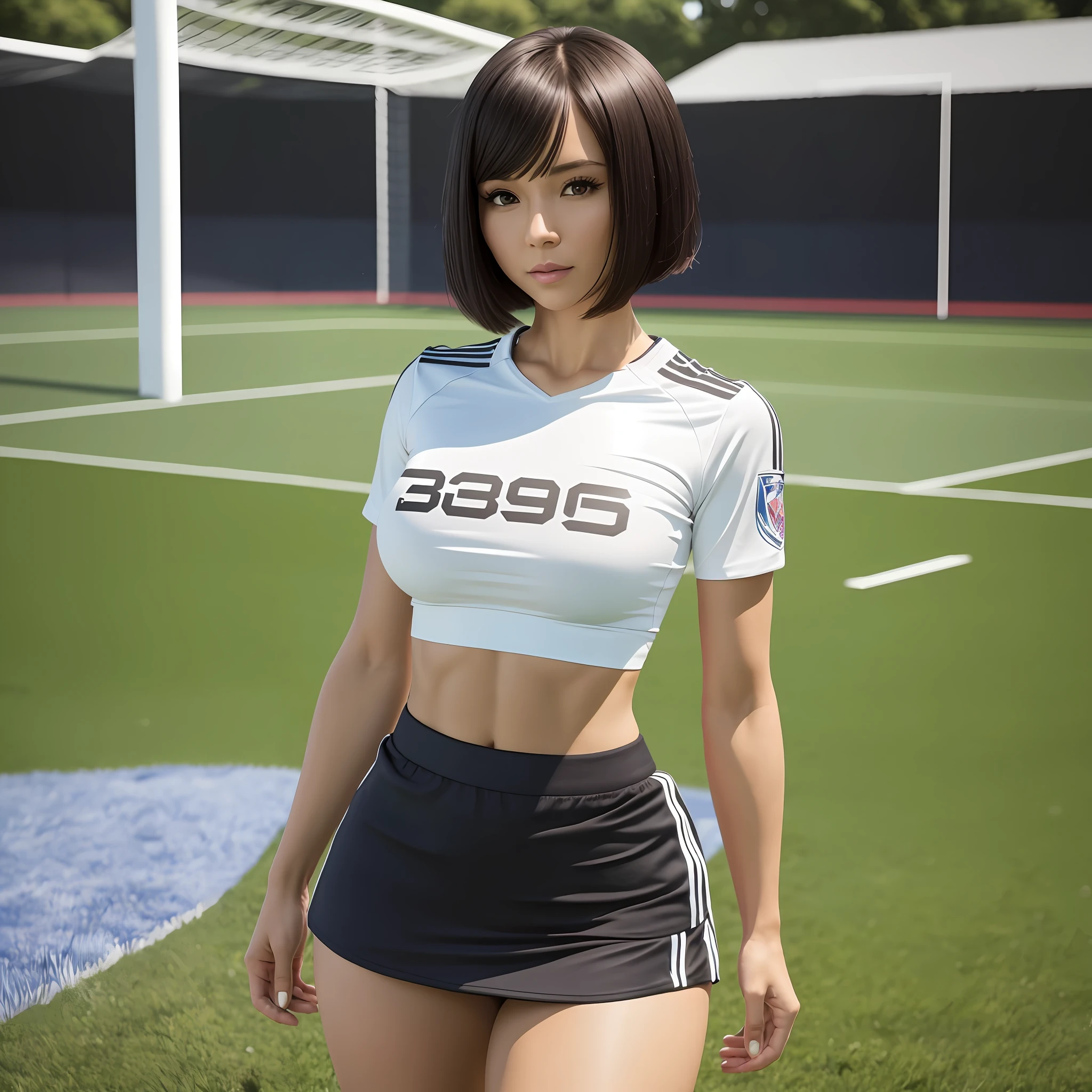 30 years old woman, on a soccer field, mini top, tight shirt, medium breast, tight abs, mini skirt, no panties, long legs, sexy, Bob cut hair, round ass, high detailed skin, masterpiece:1.2 --auto --s2