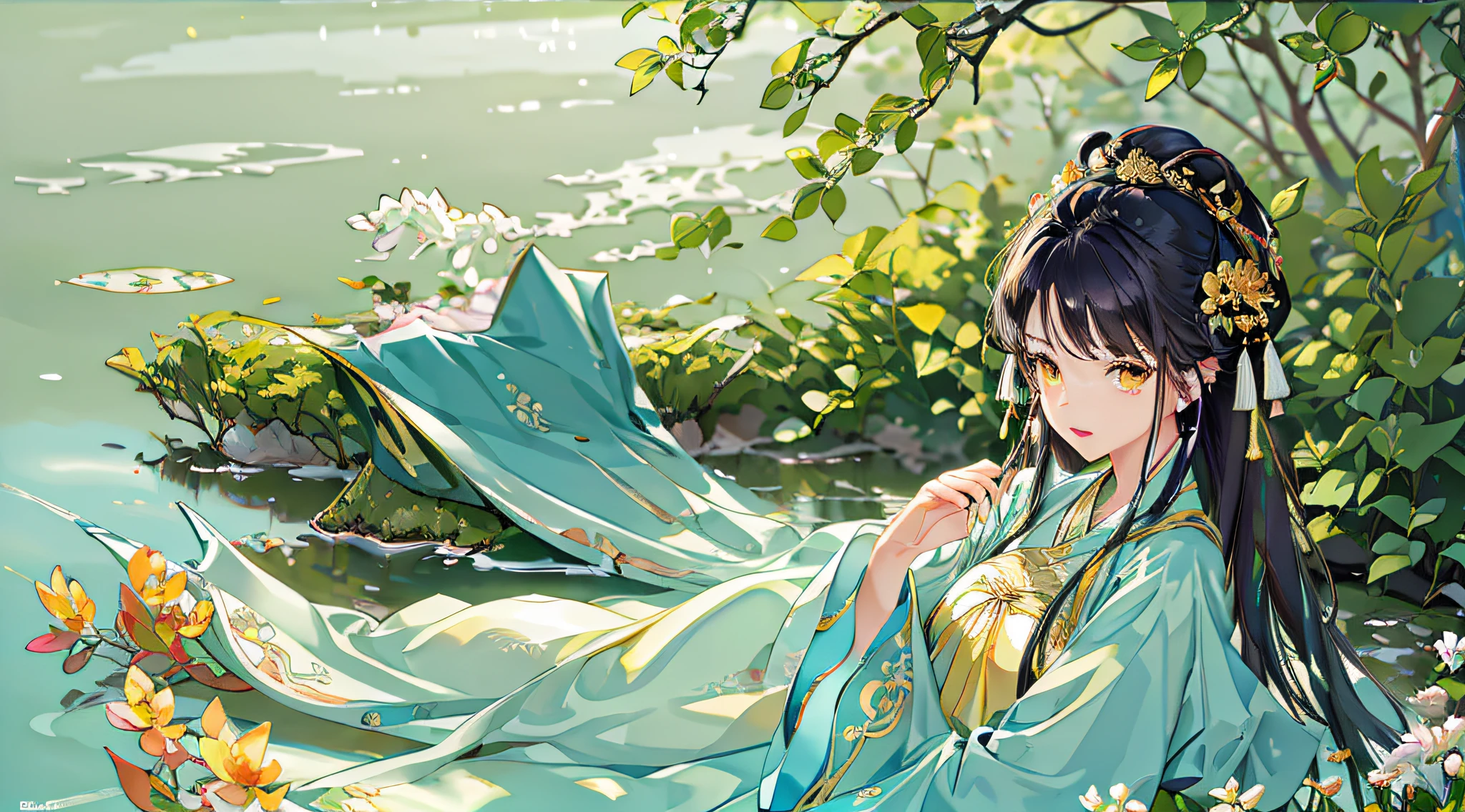 best quality, intricate details, highres, (beautiful detailed water: 1.4), (hanfu, tang style), yellow eyes, (1 girl in glass jar: 1.1)