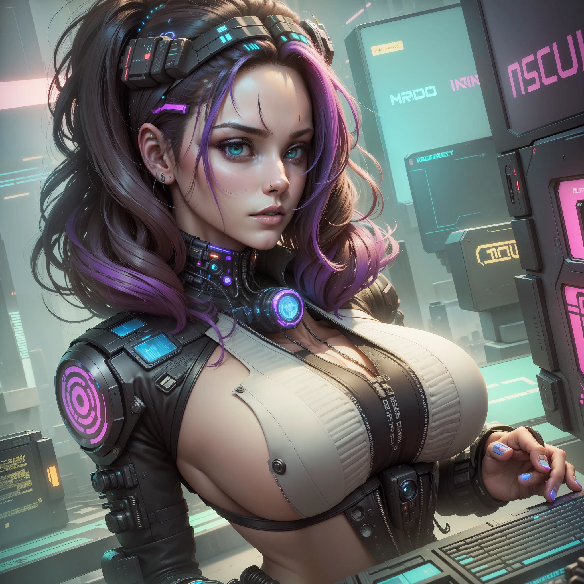((Best quality)), ((masterpiece)), (highly detailed:1.3), 3D, beautiful (cyberpunk:1.3) hacker woman with thick voluminous hair operating a computer terminal