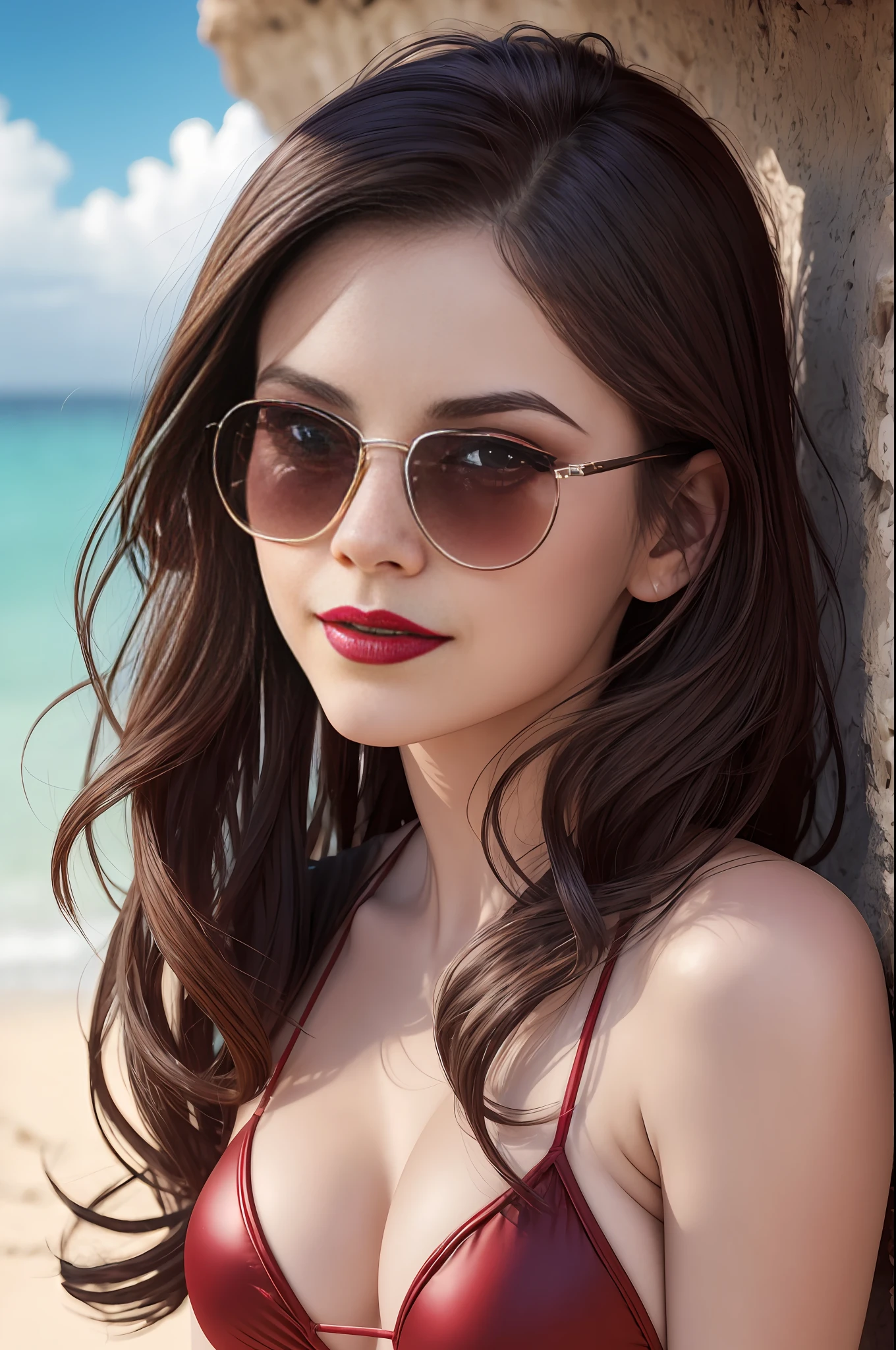 absurdres, RAW photo, highest quality, (masterpiece: 1.3), high detail RAW color photo, professional photo, extremely detailed CG 8k wallpaper unit, photo-realistic, realistic, RAW photo, masterpiece, best quality, highres, illustration,
1girl, 22 YEARS OLD, short, white, brown hair, Average length, thin legs, perfect gorgeous face, bright red lipstick, beautiful realistic eyes, round metal sunglasses, pale skin, detailed skin texture, natural large breasts. Smile. She looks amazing. Gothic style.
(Micro bikini. simple design), Beach. Sun.