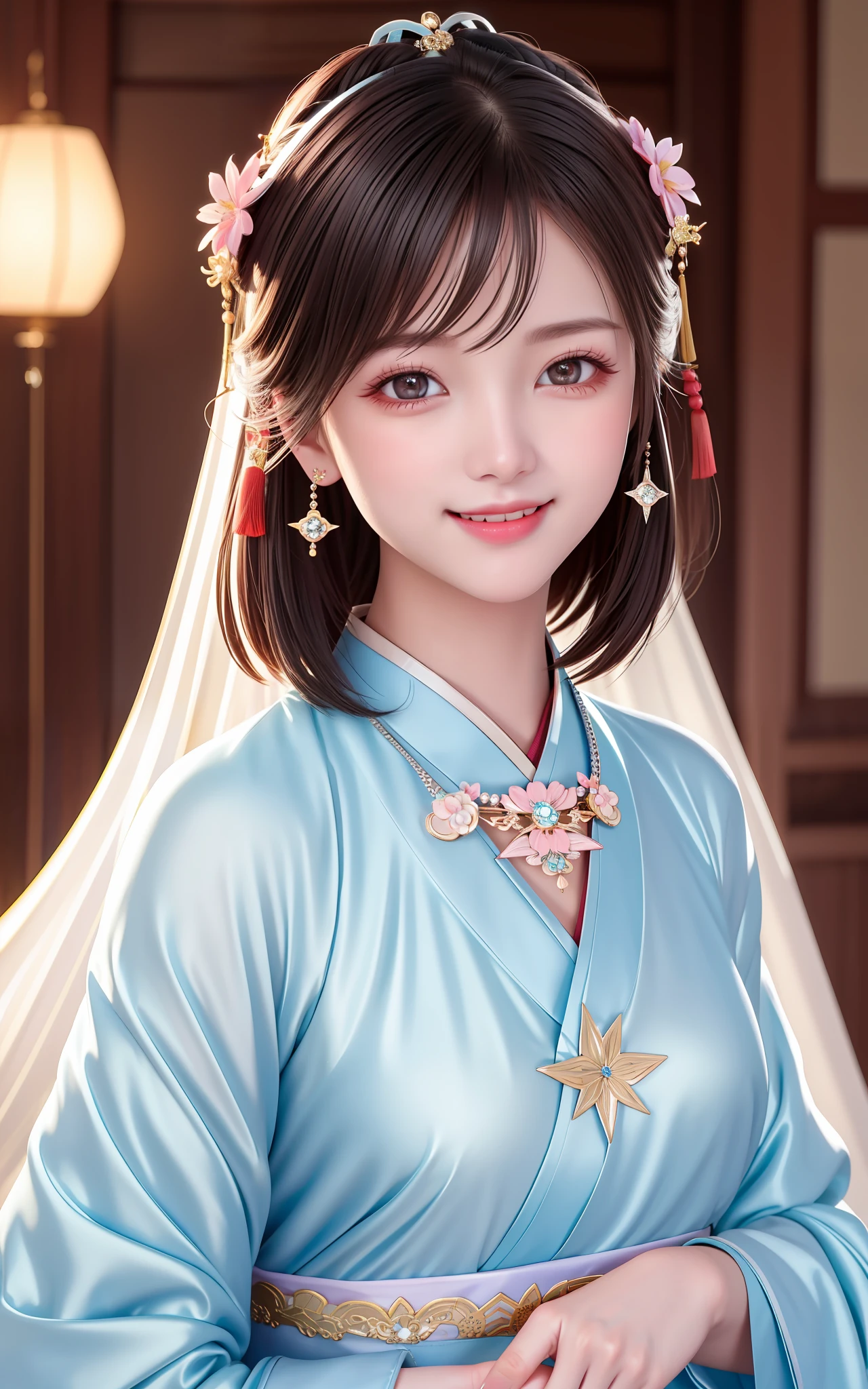 Face Close-up, Naughty Smile, Awesome, Masterpiece, High Resolution, 1girl, Blush, (Seductive Smile: 0.8), Star Pupil, Chinese Hanfu, Hair Accessories, Necklaces, Jewelry, Short Hair, Laughter, Silver Jewelry, Beauty, on_body, Tyndall Effect, Realistic, Shadow Room, Light Edge, Two-tone Lighting, (High Detail Skin: 1.2), 8K UHD, DSLR, Soft Light, High Quality, Volume Lighting, Candid Photo, High Resolution, 4K, 8K, Background Bokeh, Close-up of Face,