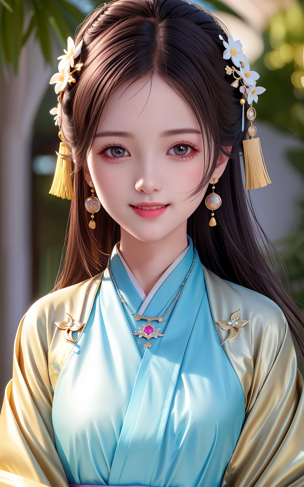 Face Close-up, Naughty Smile, Awesome, Masterpiece, High Resolution, 1girl, Blush, (Seductive Smile: 0.8), Star Pupil, Chinese Hanfu, Hair Accessories, Necklaces, Jewelry, Short Hair, Laughter, Silver Jewelry, Beauty, on_body, Tyndall Effect, Realistic, Shadow Room, Light Edge, Two-tone Lighting, (High Detail Skin: 1.2), 8K UHD, DSLR, Soft Light, High Quality, Volume Lighting, Candid Photo, High Resolution, 4K, 8K, Background Bokeh, Close-up of Face,