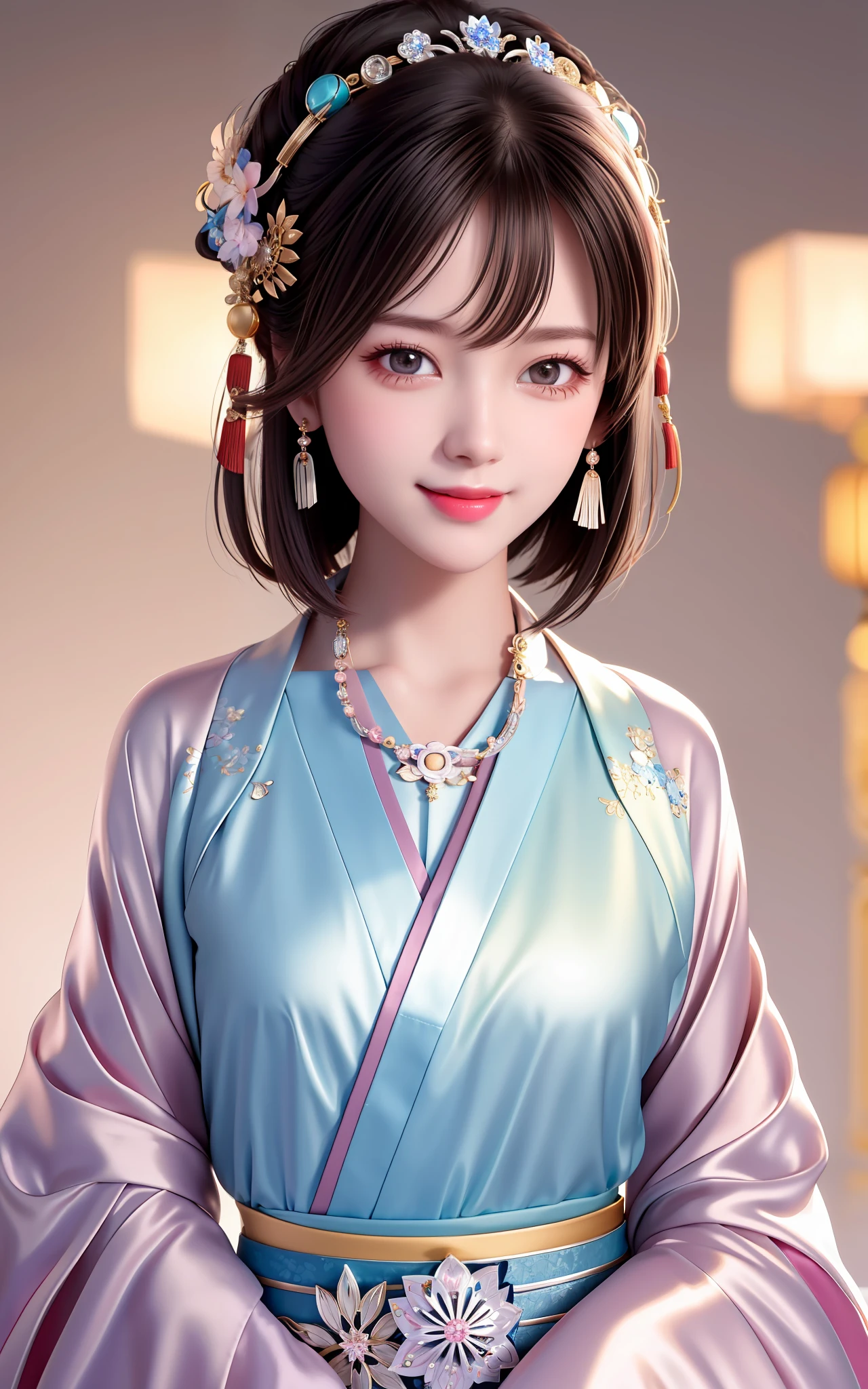 Face Close-up, Naughty Smile, Awesome, Masterpiece, High Resolution, 1girl, Blush, (Seductive Smile: 0.8), Star Pupil, Chinese Hanfu, Hair Accessories, Necklaces, Jewelry, Short Hair, Laughter, Silver Jewelry, Beauty, on_body, Tyndall Effect, Realistic, Shadow Room, Light Edge, Two-tone Lighting, (High Detail Skin: 1.2), 8K UHD, DSLR, Soft Light, High Quality, Volume Lighting, Candid Photo, High Resolution, 4K, 8K, Background Bokeh, Close-up of Face,