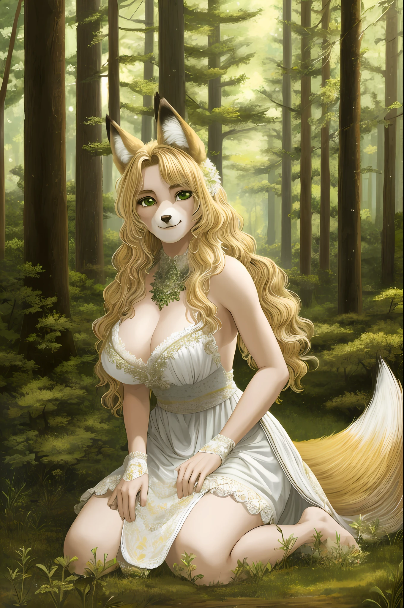 masterpiece, best quality, absurdities, maximum details, intricate details, a hairy anthro fox woman, blonde hair, green eyes, kneeling in the forest wearing white dress, neckline, medium breasts, body covered with skin, fox facial features, fox body features, animal hands, animal feet, highly detailed skin,