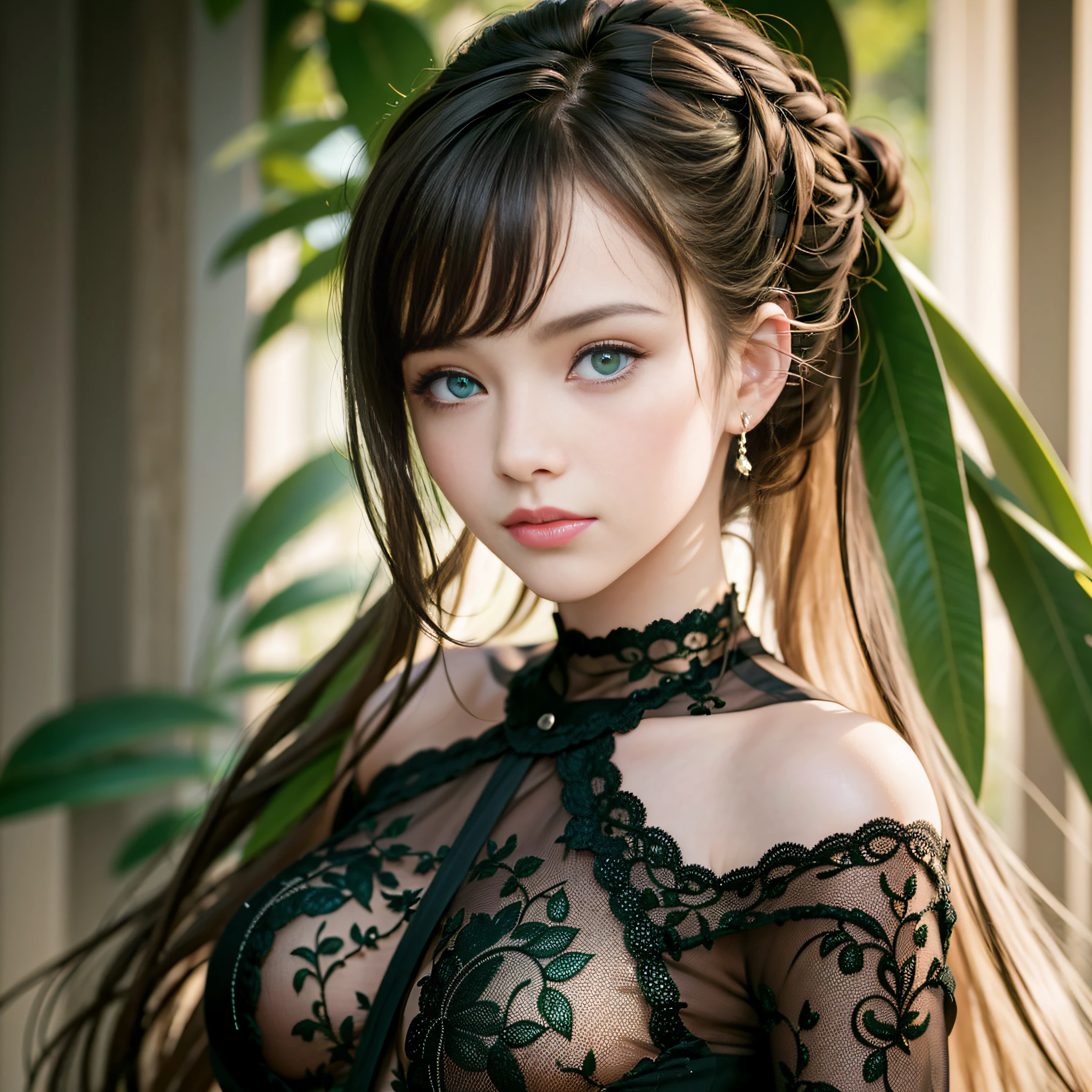 Best Quality, Masterpiece, Ultra High Resolution, (Realisticity: 1.4), Original Photo, 1Girl, Green Eyes, Off-the-Shoulders, Cinematic Lighting