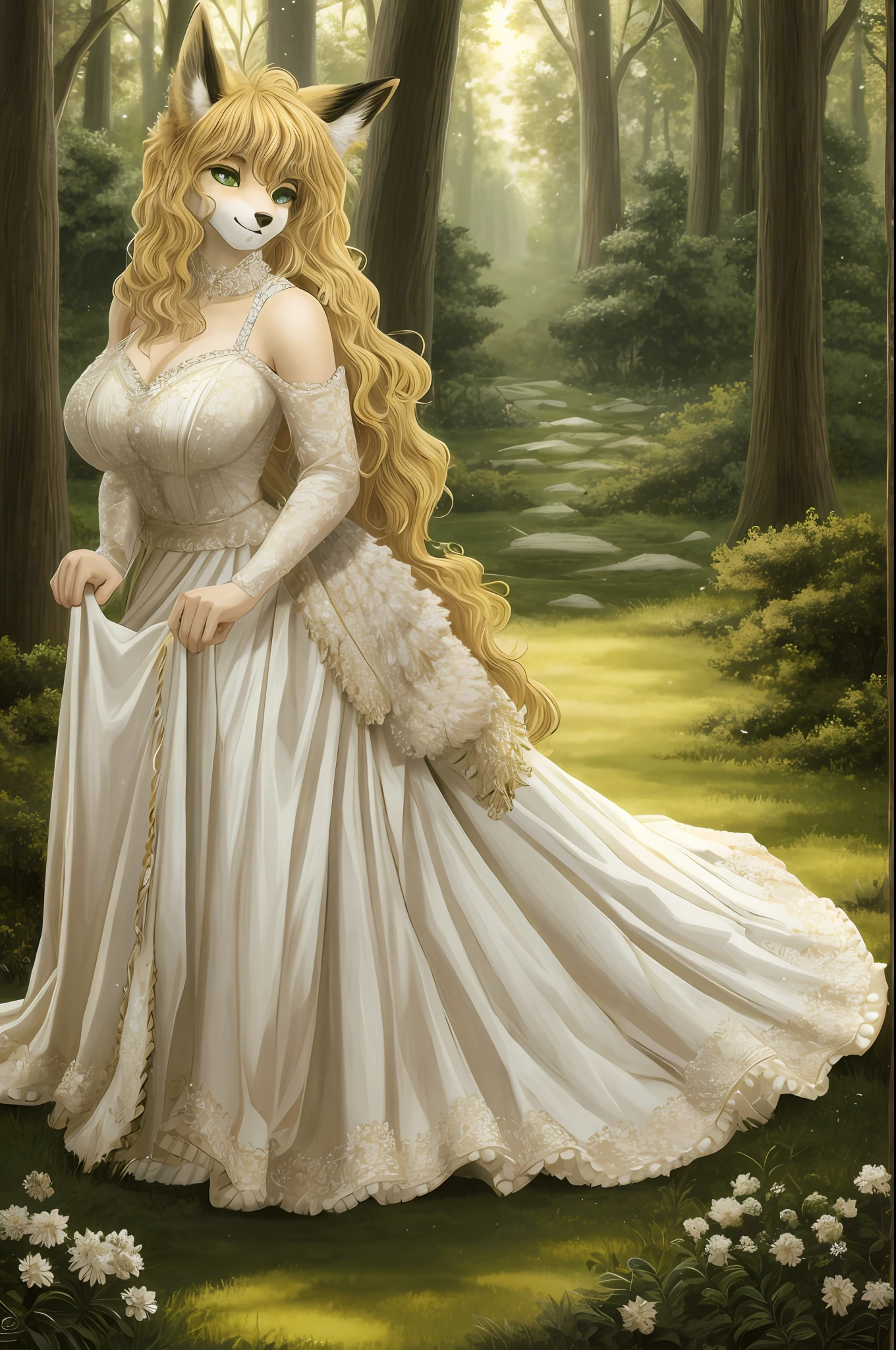 masterpiece, best quality, absurdities, maximum details, intricate details, a hairy anthro fox woman, blonde hair, green eyes, kneeling in the forest wearing white dress, neckline, medium breasts, body covered with skin, fox facial features, fox body features, animal hands, animal feet, highly detailed skin,