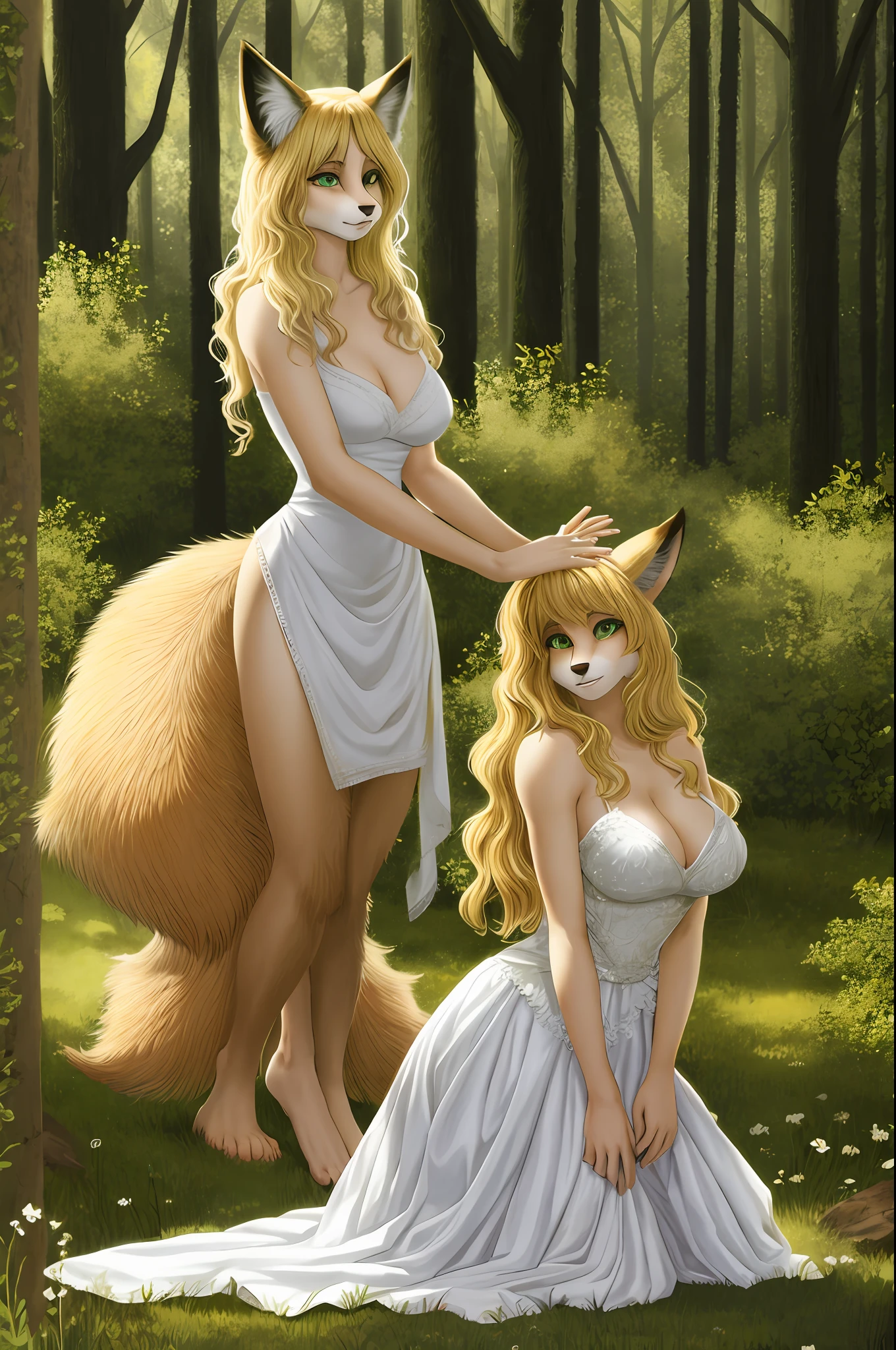 masterpiece, best quality, absurdities, maximum details, intricate details, a hairy anthro fox woman, blonde hair, green eyes, kneeling in the forest wearing white dress, neckline, medium breasts, body covered with skin, fox facial features, fox body features, animal hands, animal feet, highly detailed skin,