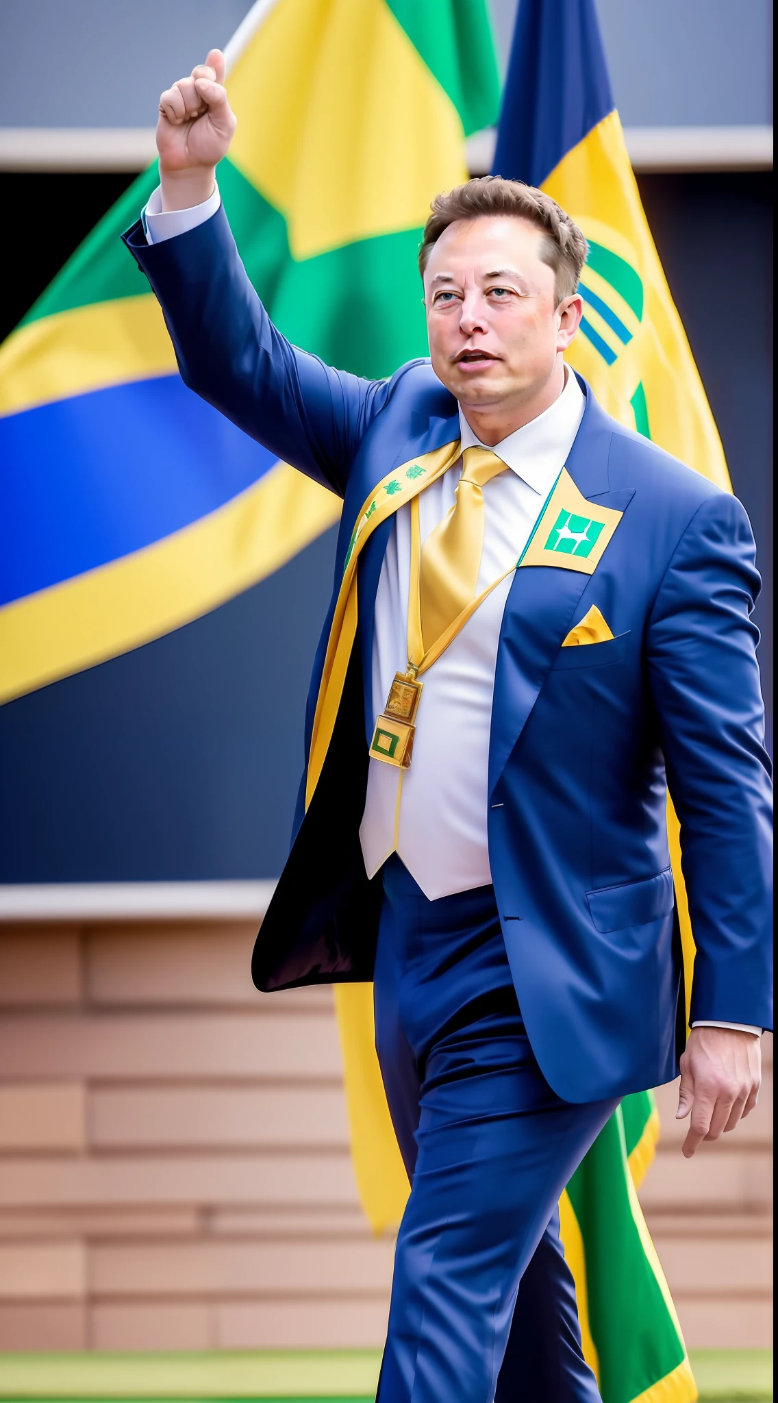 ((masterpiece)), better quality, high quality, ((8k wallpaper of extremely detailed CG unit)), Elon Musk taking office as president of Brazil, dressed in blue suit, with the president's sash, green and yellow, on the chest, Brazilian flag in the background, waving to voters, in the center of the image, walking towards the camera, looking forward, realistic, 8k.