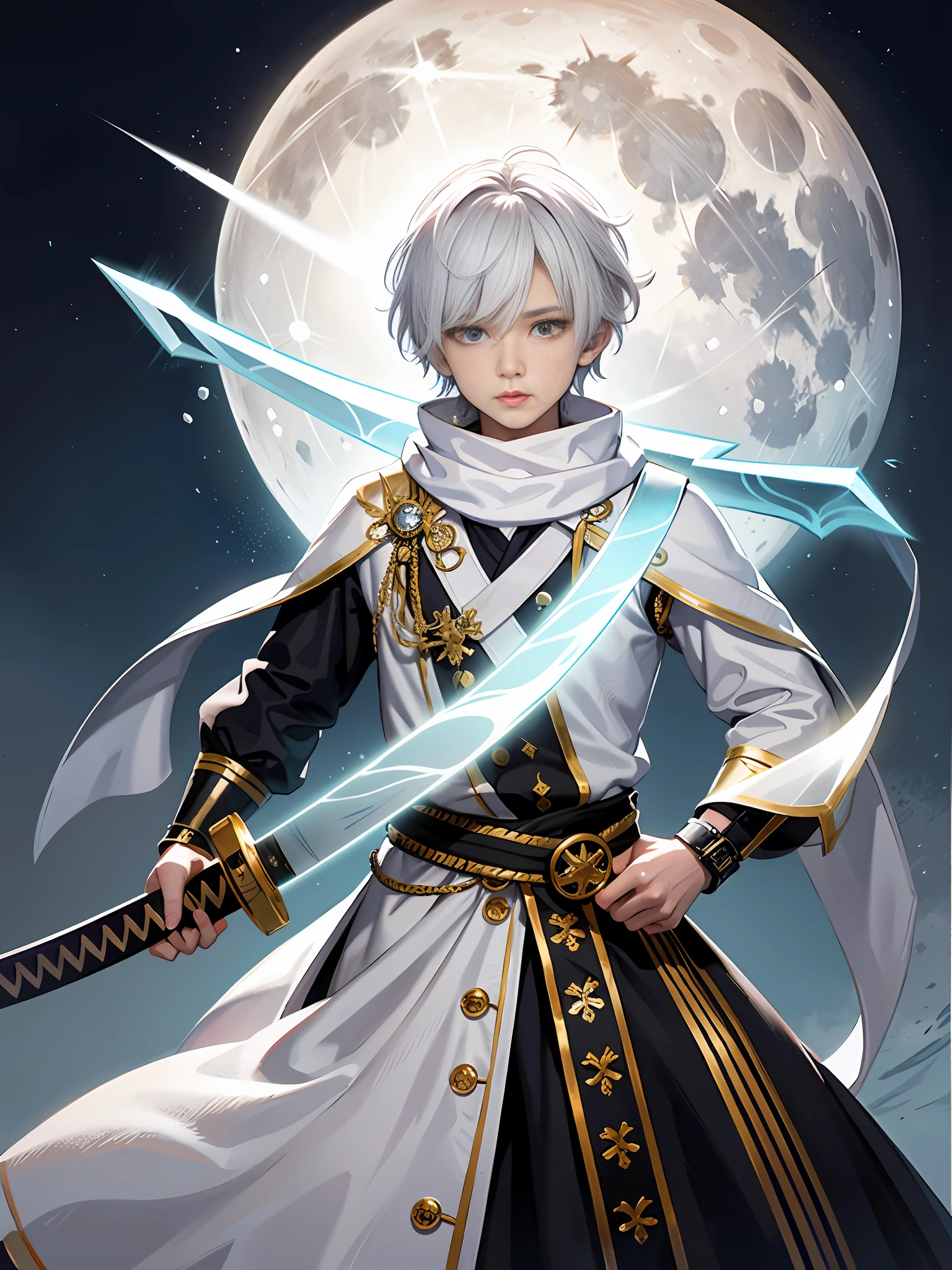 An 8-year-old boy with white hair and silver eyes, known for having great combat skills with ice magic. He wears white clothes like the light of the full moon with a long scarf around his neck, in addition he also carries a katana with the blessing of the goddess of the moon that he carries on the left side of his waist (the setting is of a village during a blizzard)