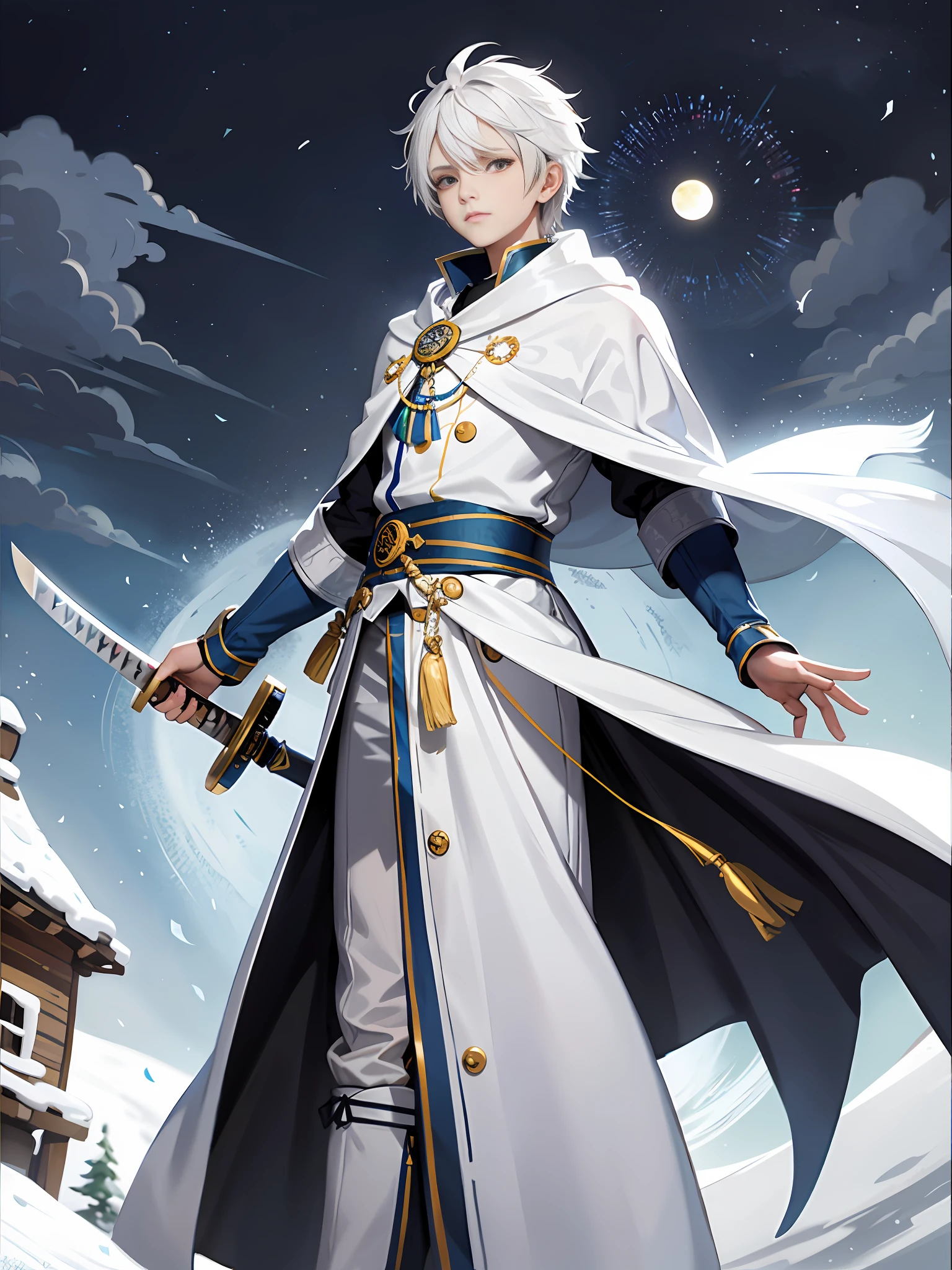 An 8--old  with white hair and silver eyes, known for having great combat skills with ice magic. He wears white clothes like the light of the full moon with a long scarf around his neck, in addition he also carries a katana with the blessing of the goddess of the moon that he carries on the left side of his waist (the setting is of a village during a blizzard)