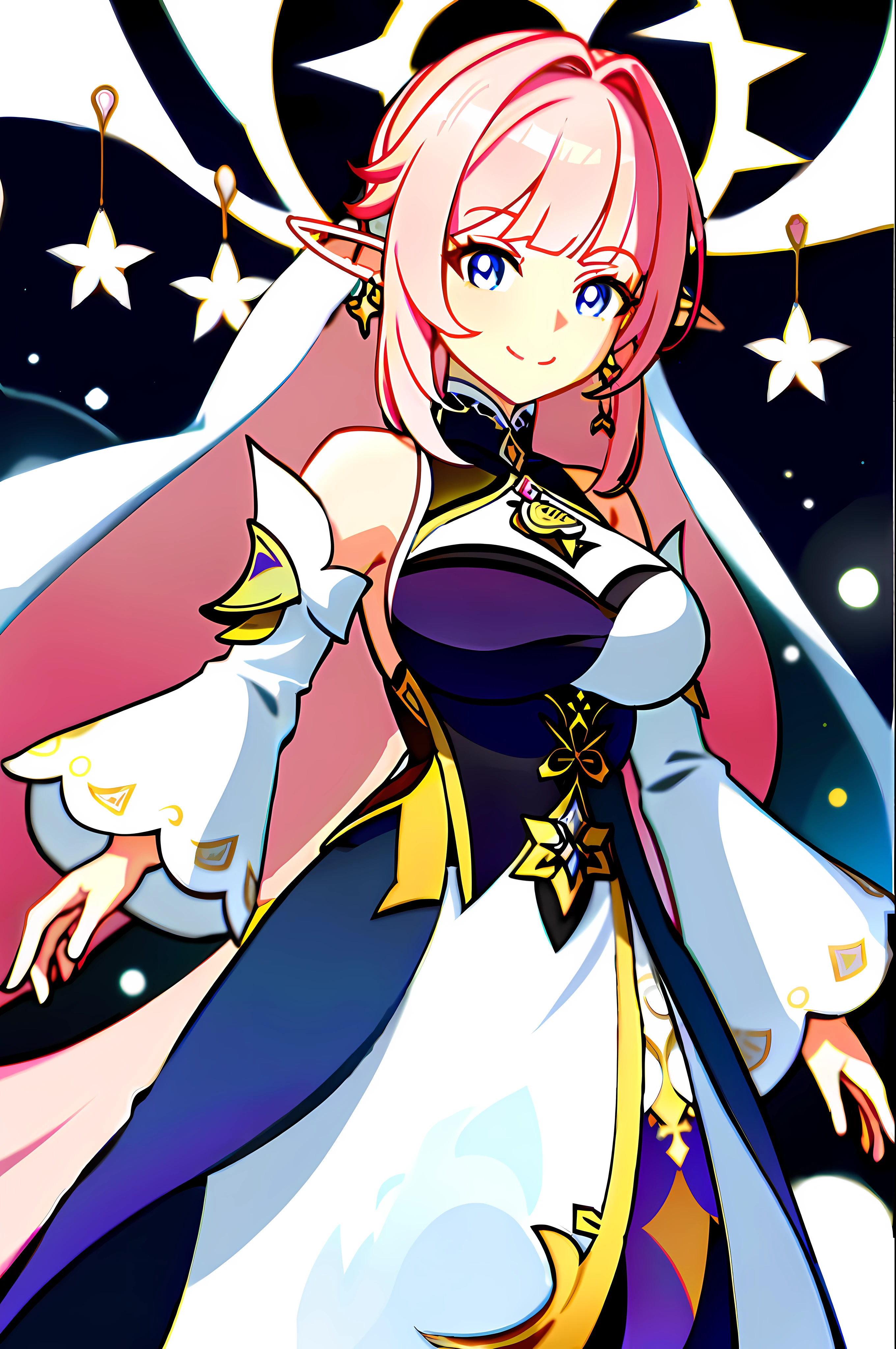 masterpiece, best quality, 1girl, solo, upper body, genshin impact, 1girl, elf ears, branch, large breasts, half-open mouth, elysia, huge breasts, large breasts, massive breasts, elysia (Honkai Impact), jewelry, long hair, huge dress, floating, flying, angelic, ponytail, blunt bangs, looking at viewer, ear cuffs, breasts, wide sleeves, loose sleeves, big sleeves, elegant white dress, elegant dress, white dress, long flowing dress, long dress, flowy dress, wedding dress, goddess, sparkles, stars, serene, elegant, beautiful, big smile, pink hair, blue eyes, pink pupils, pink pupils, blue eyes, pink pupils, sidelocks, smile, solo, dynamic pose, genshin,