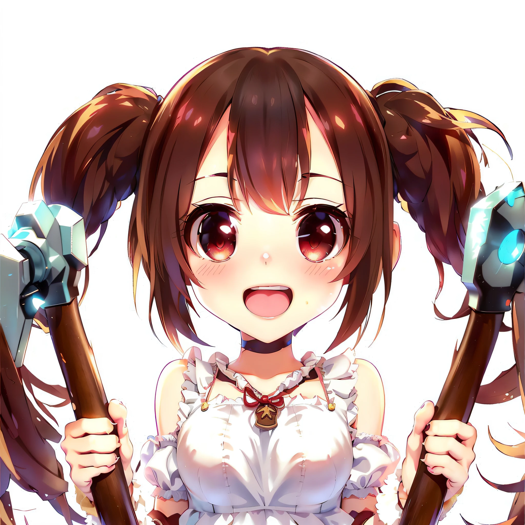 anime girl with two large axes in her hands, anime moe artstyle, splash art anime loli, anime visual of a cute girl, cute anime girl, small loli girl, small curvy loli, digital anime art!!, ahegao, kantai collection style, [ 4 k digital art ]!!, pixiv contest winner, cute anime, twintails