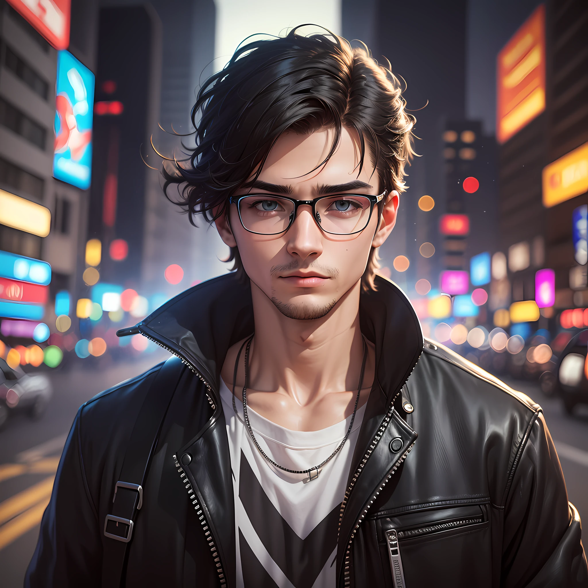 (Masterpiece: 1.5), (Best Quality: 1.5), High Resolution, High Detail, 3DMM, a young guy, wearing glasses, serious/bad, modern tech performance, data, urban, high contrast, vivid lighting, atmospheric depth, vortex in the background, superb technique, harmonious composition, creative improvements, stunning juxtaposition, dark tones, captivating colors, dark lighting --auto --s2