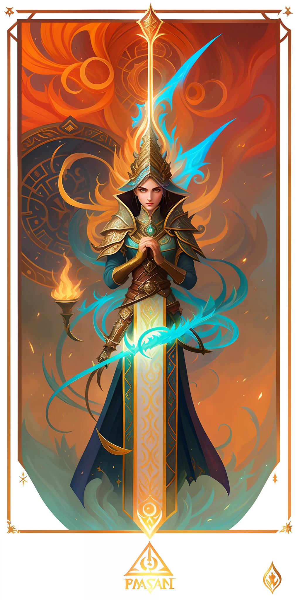a closeup of a woman holding a sword in a painting, epic mage girl character, full portrait of elementalist, portrait of a female mage, sacred fire spell art, female cleric, fantasy card game art, female mage, handsome celestial mage, handsome female cleric, fantasy paladin woman, female mage!, elf priestess, V0id3nergy battle mage